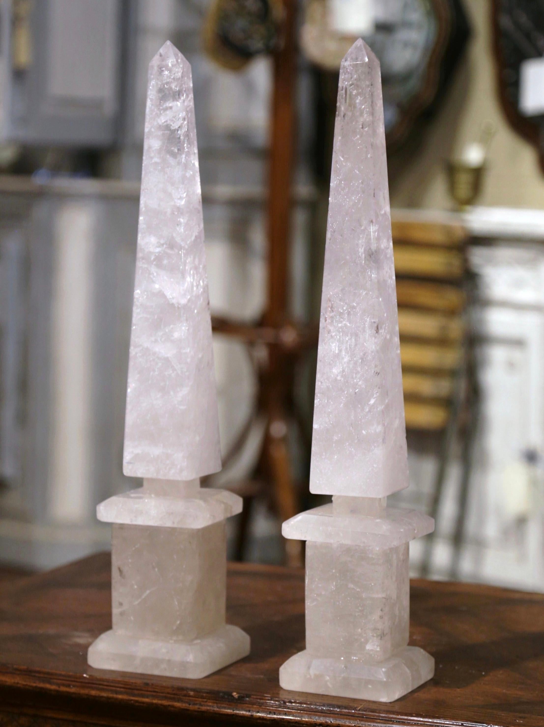 Pair of Brazilian Carved Empire Style Rock Crystal Obelisks Sculptures In Excellent Condition For Sale In Dallas, TX