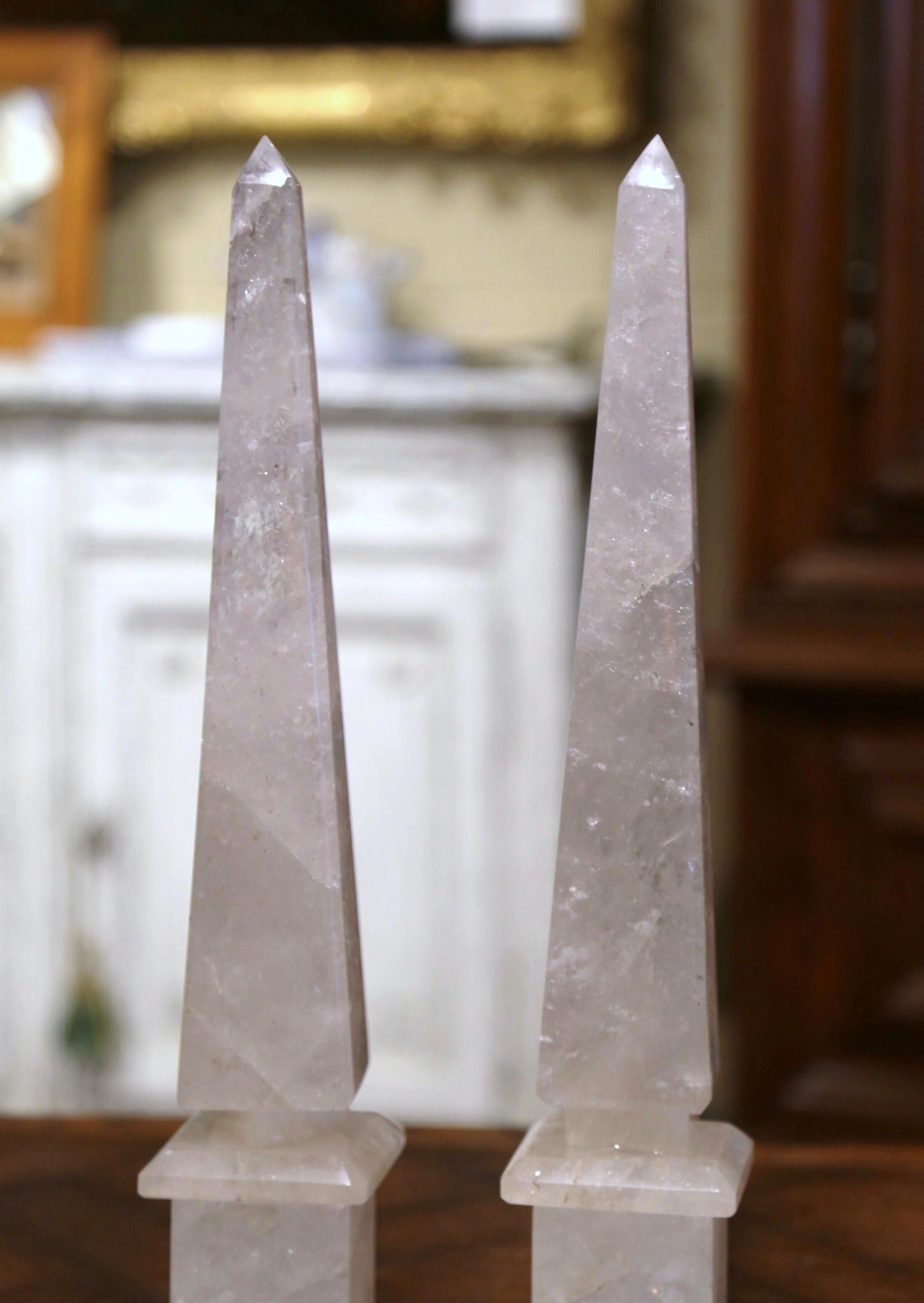 Contemporary Pair of Brazilian Carved Empire Style Rock Crystal Obelisks Sculptures