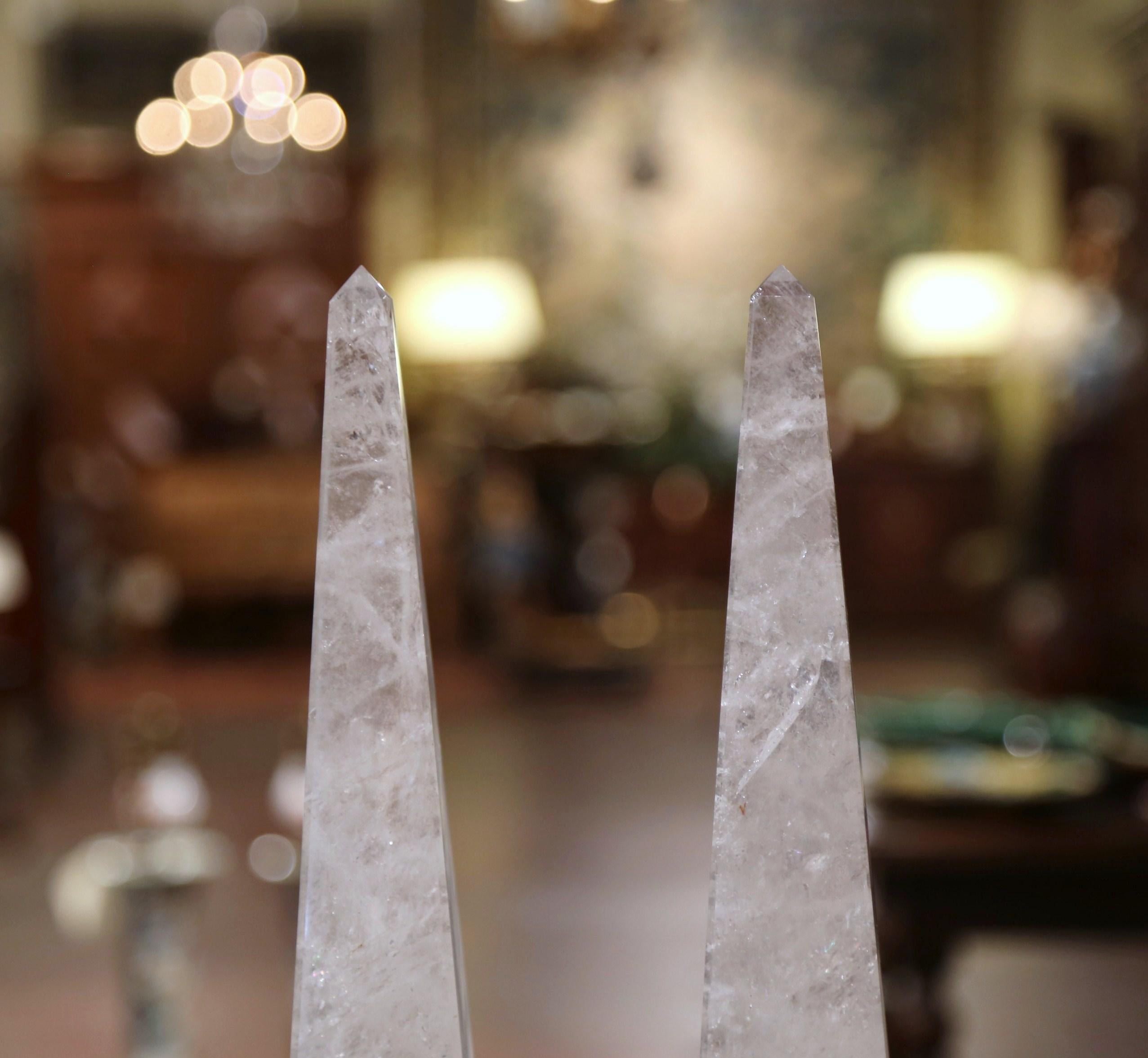 Pair of Brazilian Carved Empire Style Rock Crystal Obelisks Sculptures 1