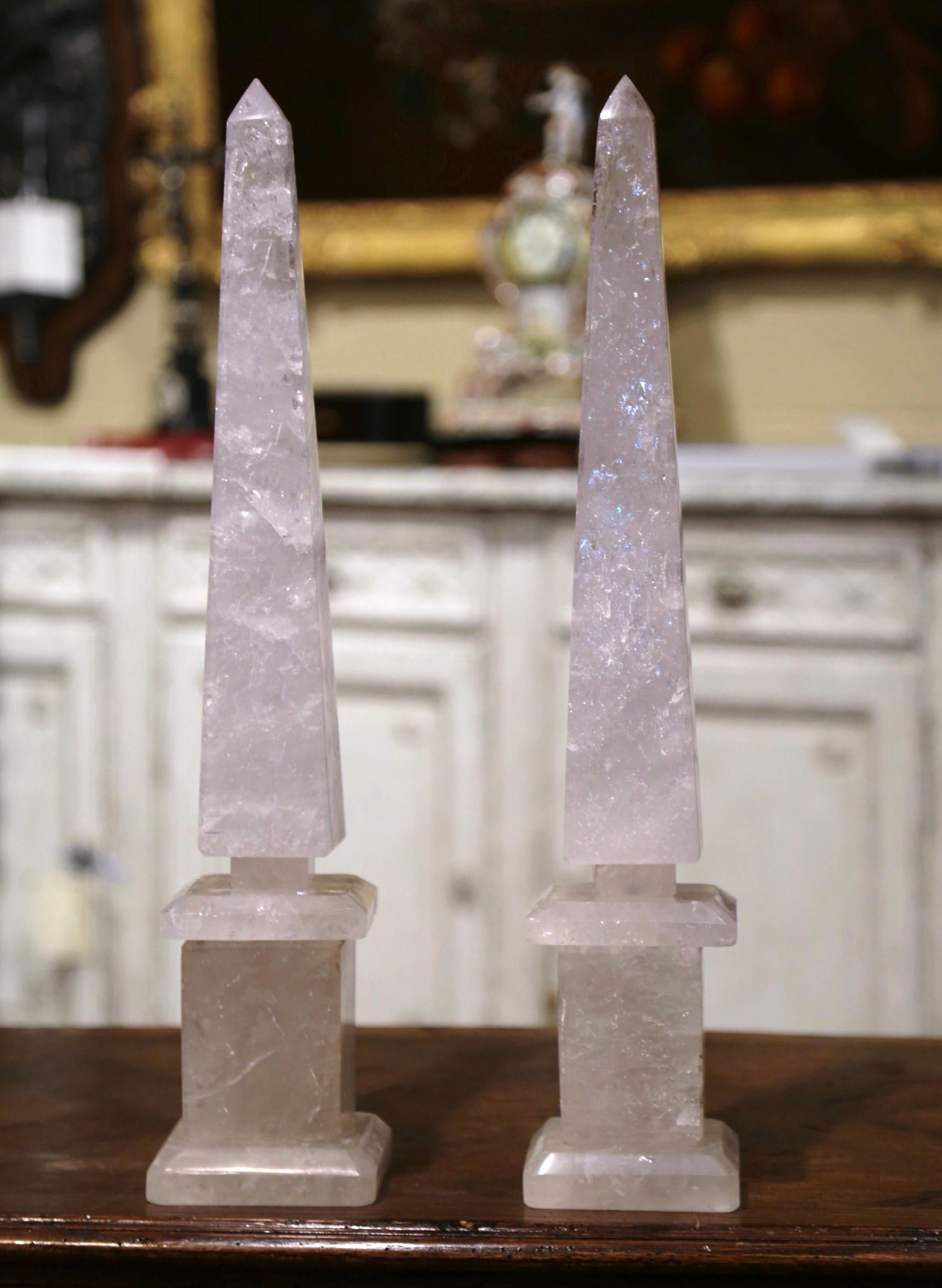 Contemporary Pair of Brazilian Carved Empire Style Rock Crystal Obelisks Sculptures For Sale