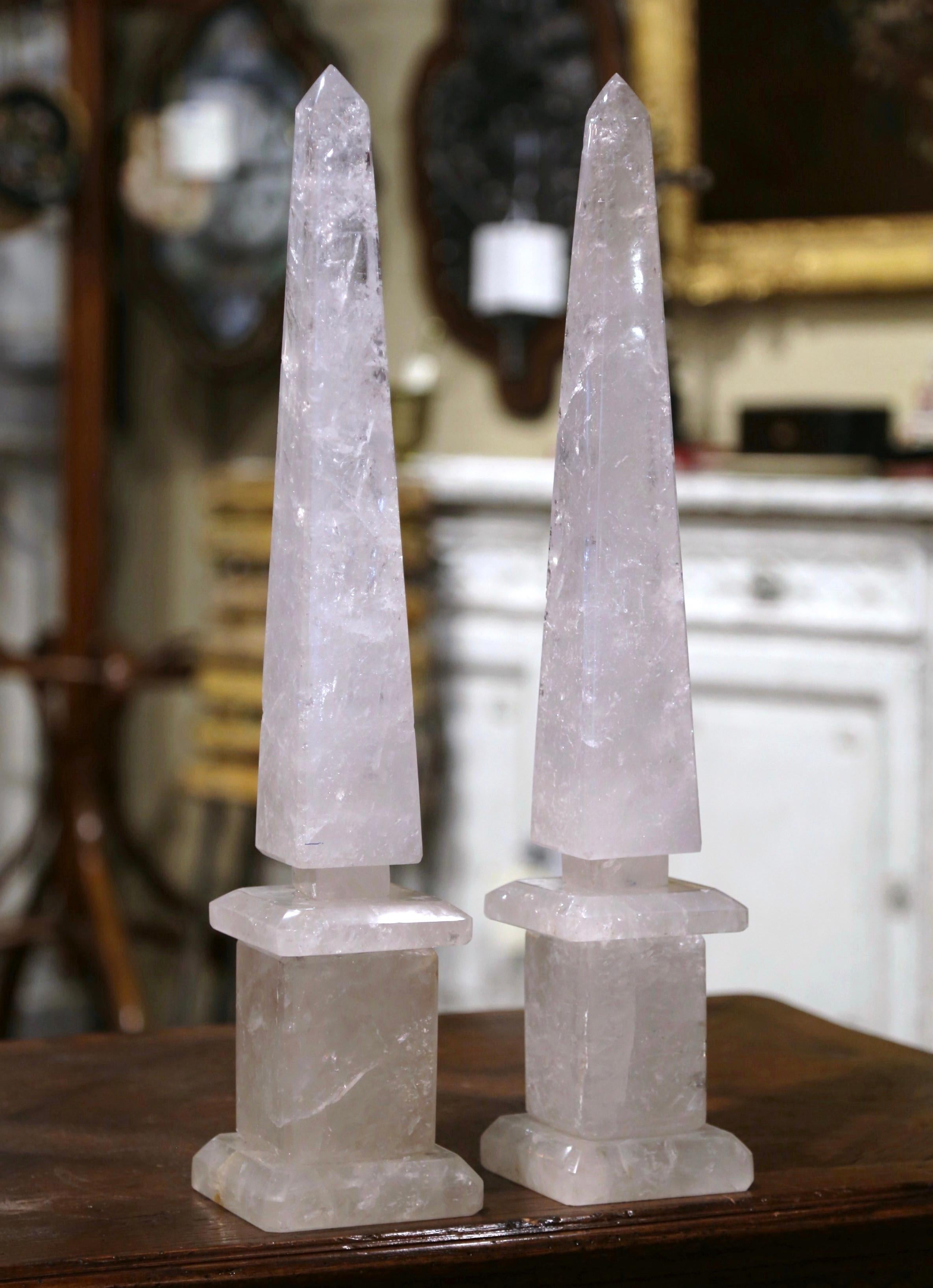 Pair of Brazilian Carved Empire Style Rock Crystal Obelisks Sculptures For Sale 1