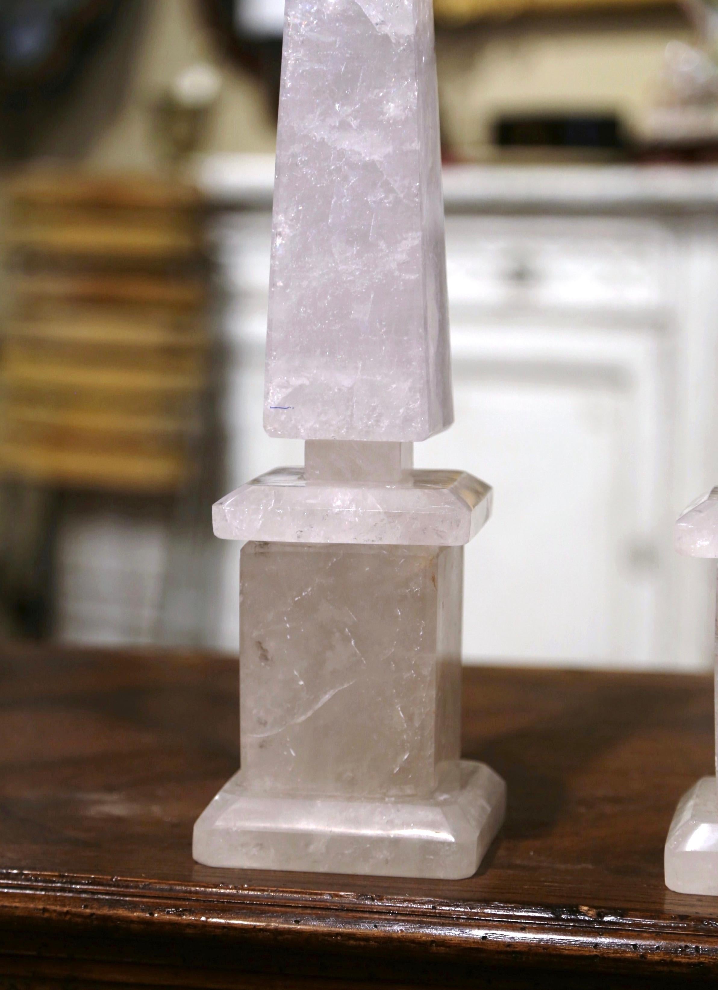 Pair of Brazilian Carved Empire Style Rock Crystal Obelisks Sculptures For Sale 2
