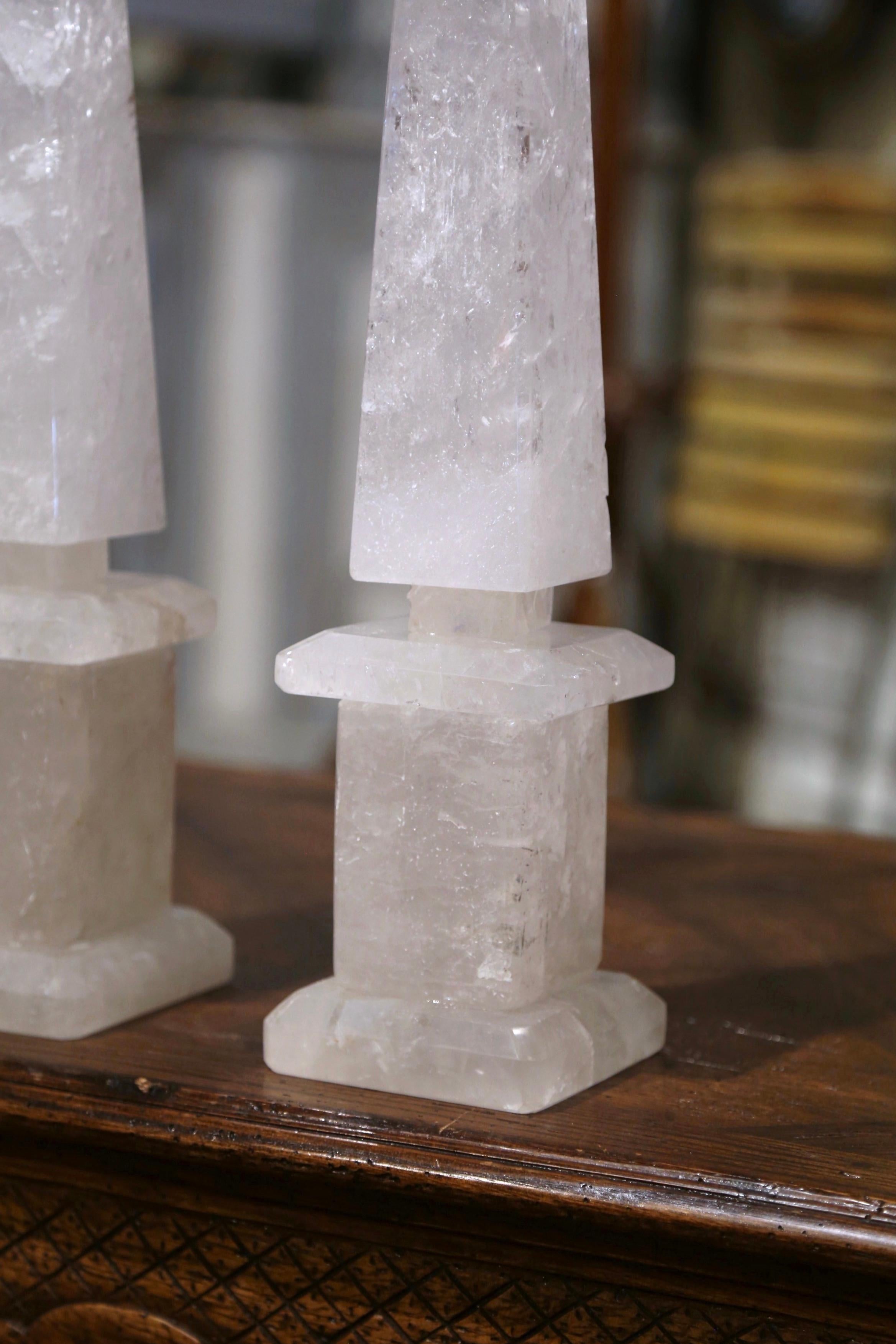 Pair of Brazilian Carved Empire Style Rock Crystal Obelisks Sculptures For Sale 3
