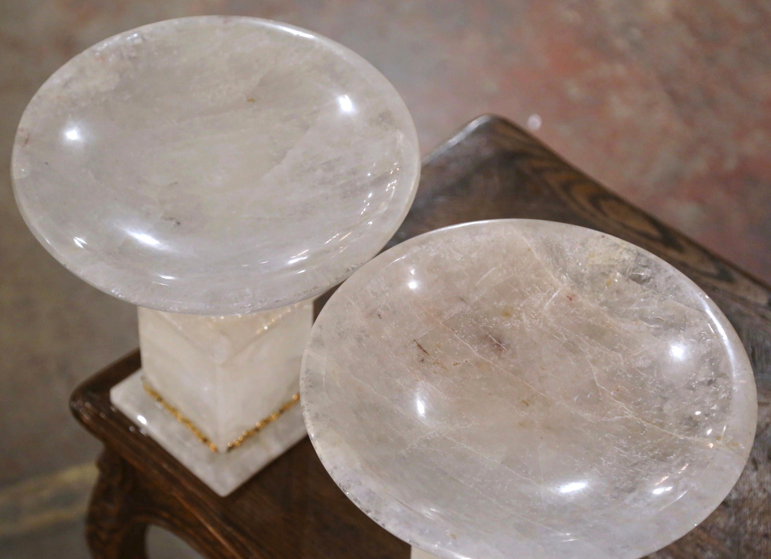  Pair of Brazilian Carved Rock Crystal Compote Centerpiece with Swivel Bowl In Excellent Condition For Sale In Dallas, TX