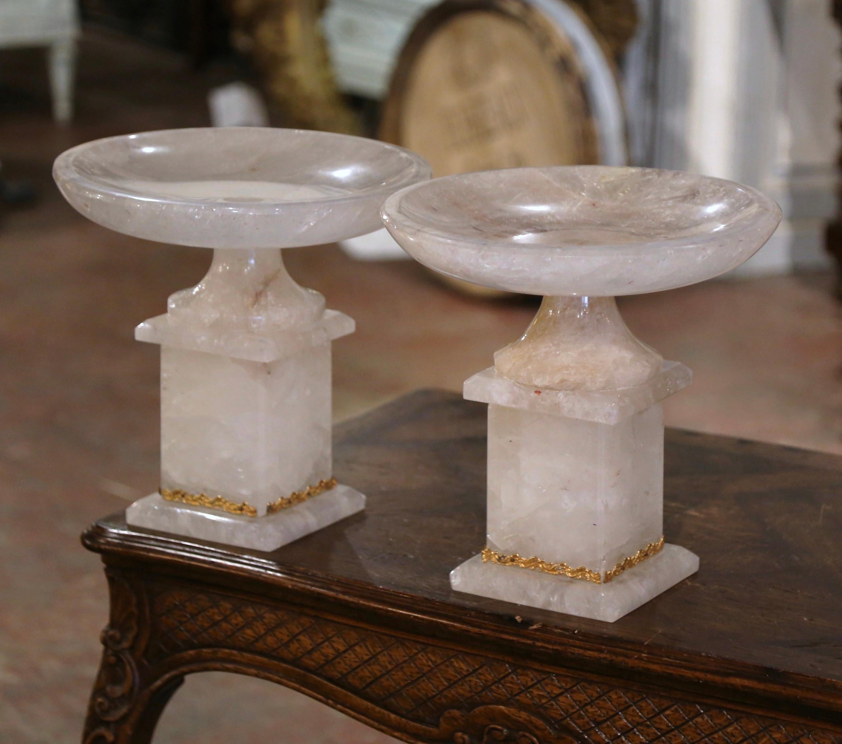 Brass  Pair of Brazilian Carved Rock Crystal Compote Centerpiece with Swivel Bowl For Sale