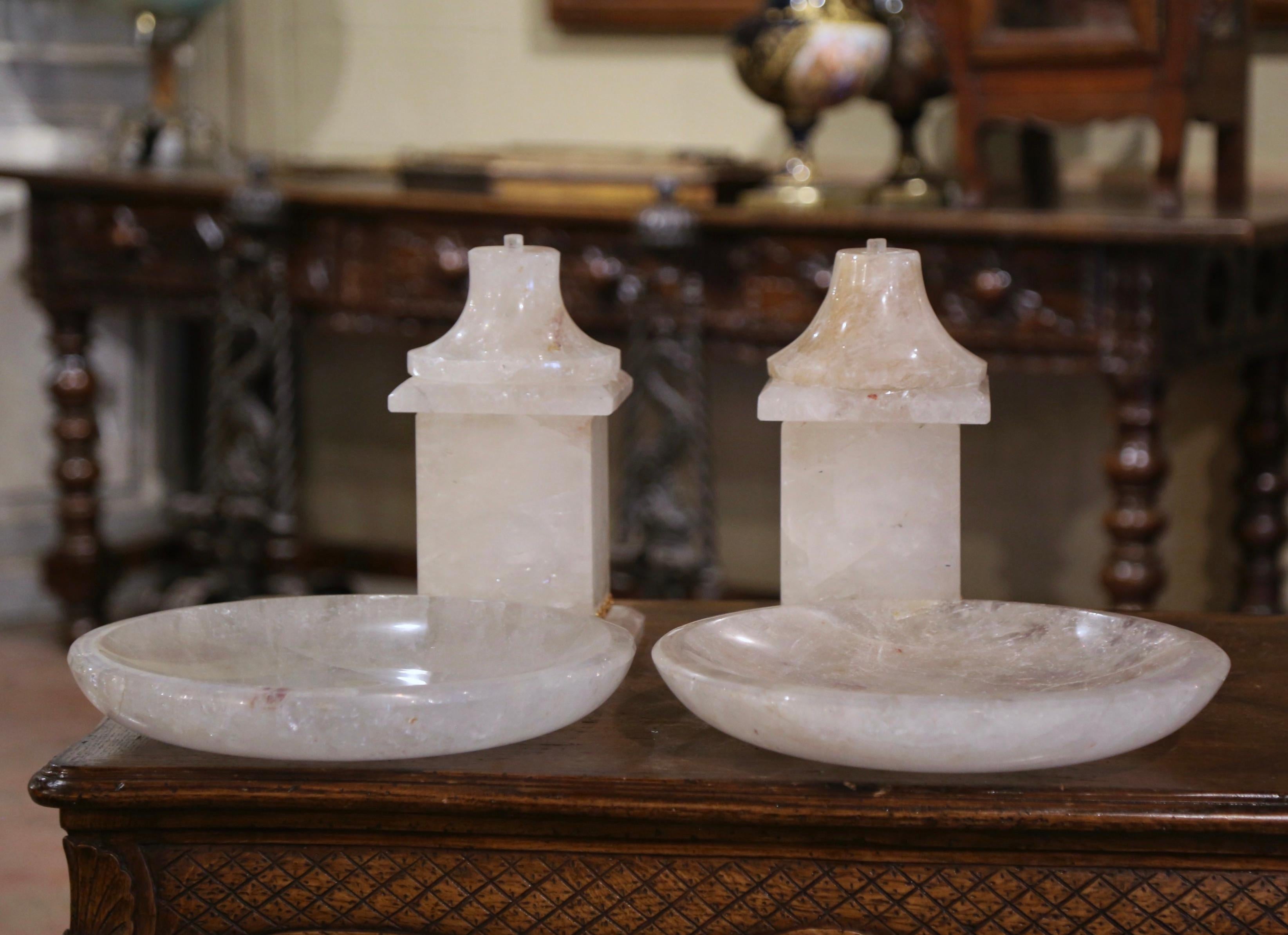  Paire de centres de table en cristal de roche sculpté brésilien avec bol pivotant en vente 1