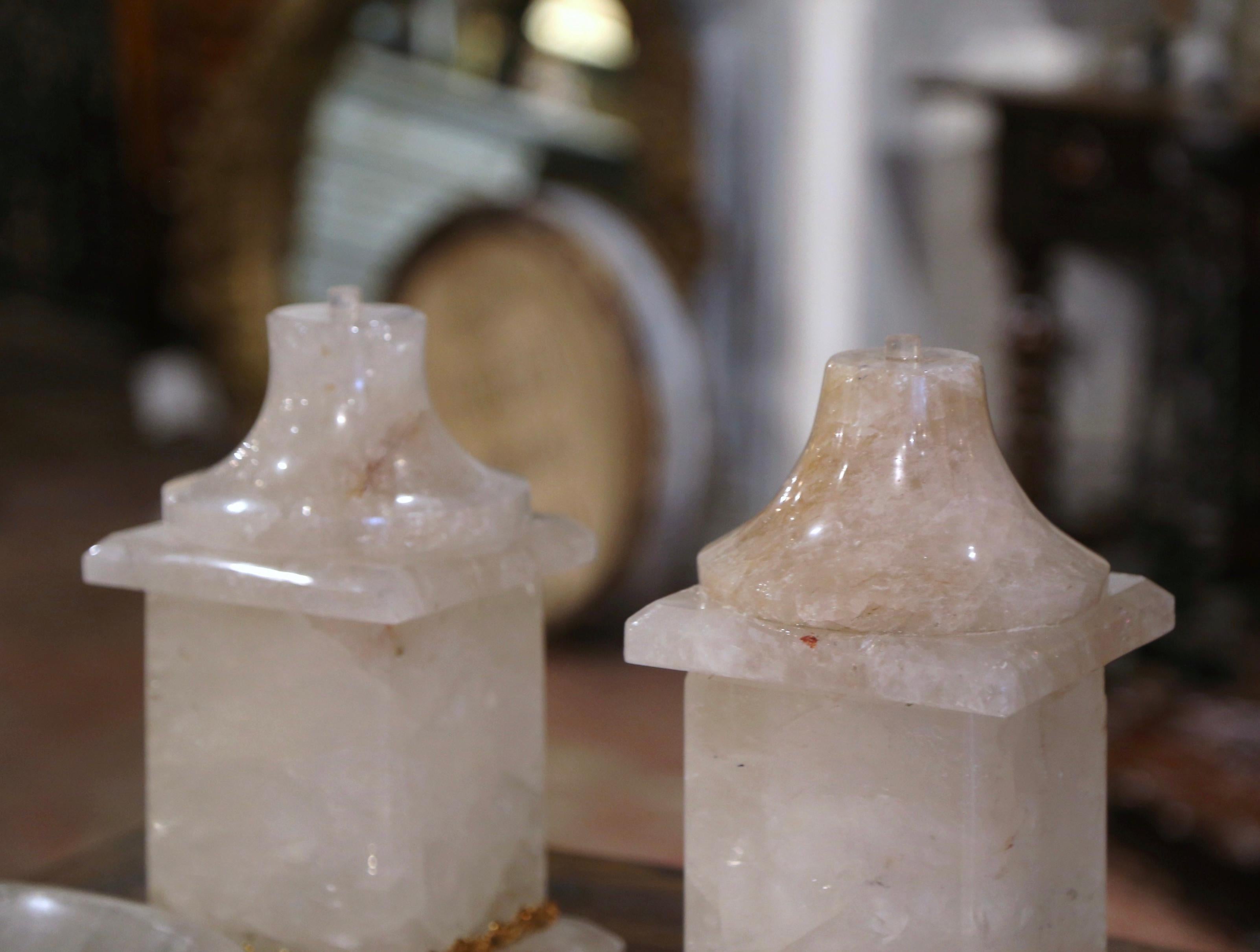  Paire de centres de table en cristal de roche sculpté brésilien avec bol pivotant en vente 2