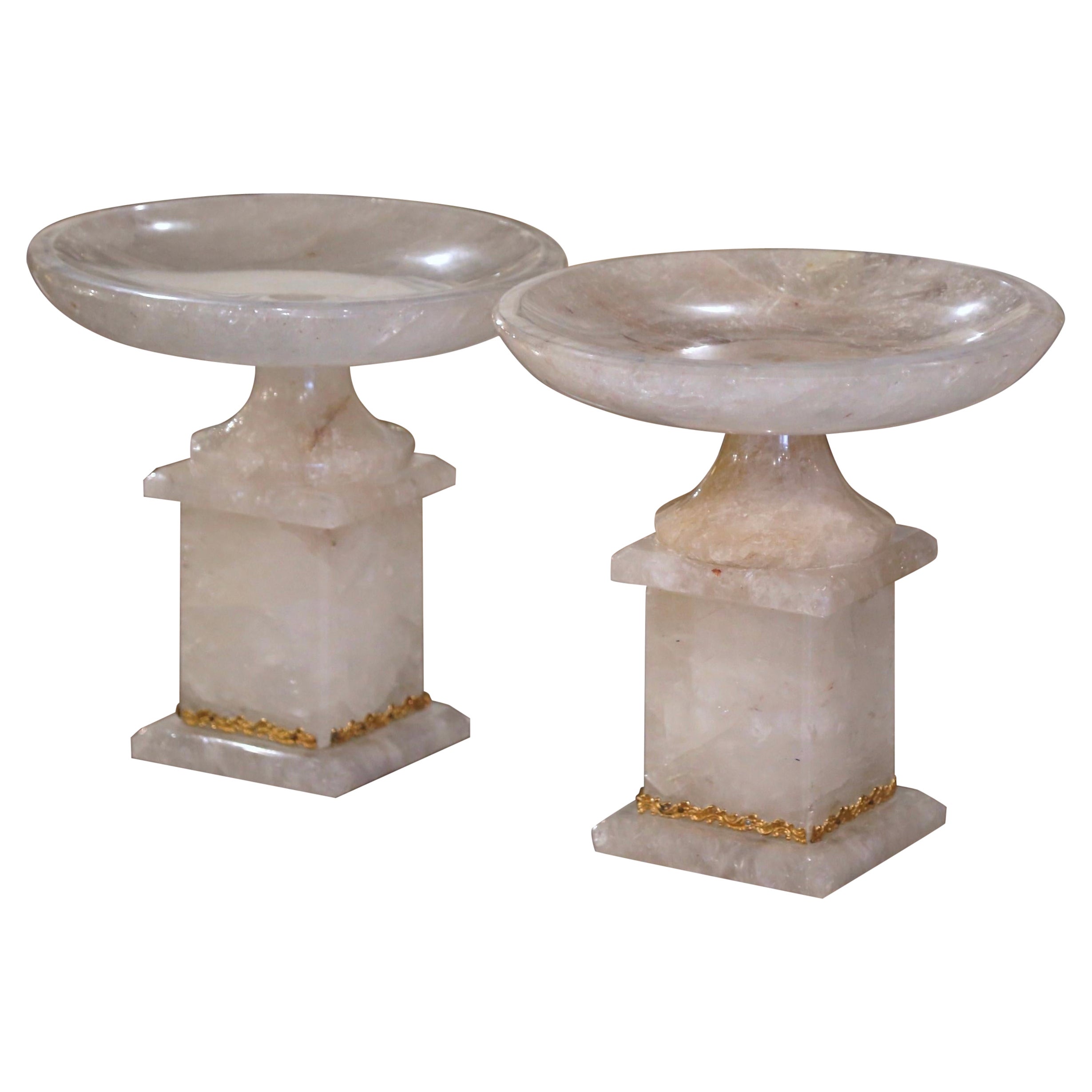 Pair of Brazilian Carved Rock Crystal Compote Centerpiece with Swivel Bowl For Sale