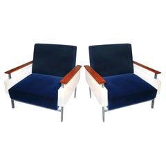 Pair of Brazilian Caviuna Two-Tone Blue and Beige Velvet Armchairs, 1950s