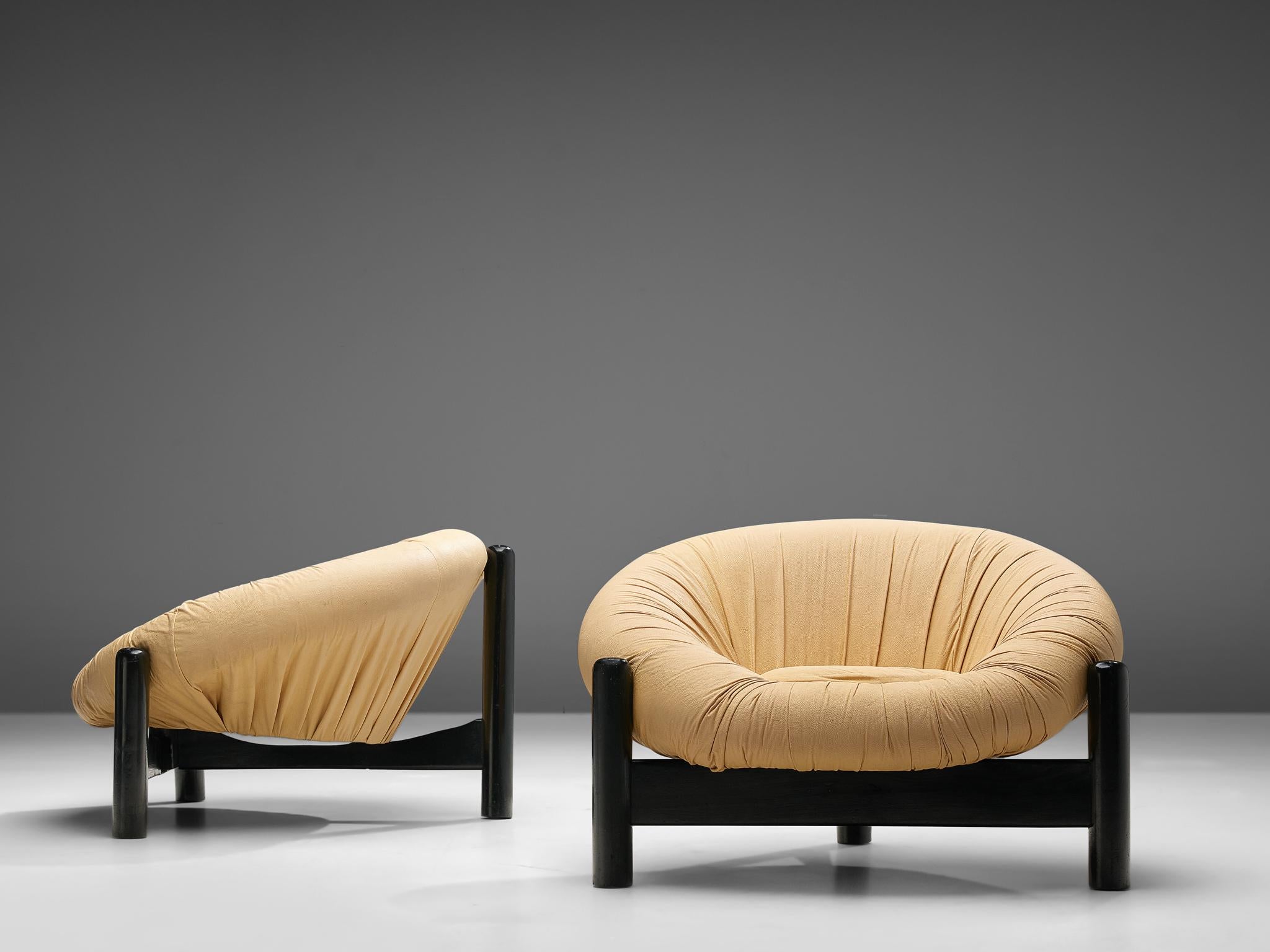 Lacquered Pair of Brazilian Easy Chairs in Light Yellow Leatherette