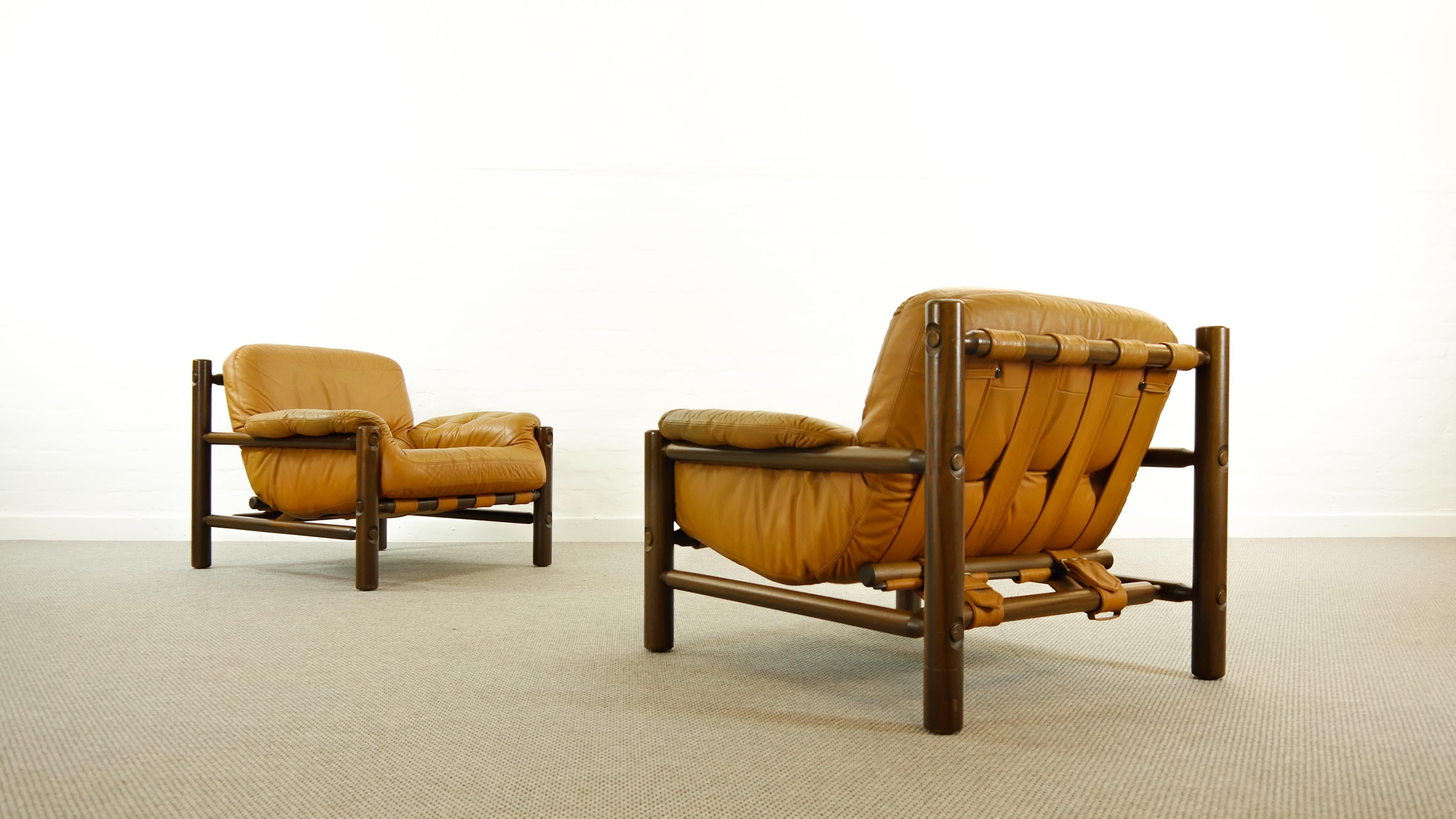 Mid-Century Modern Pair of Brazilian Lounge Chairs in Cognac Leather, 1970s