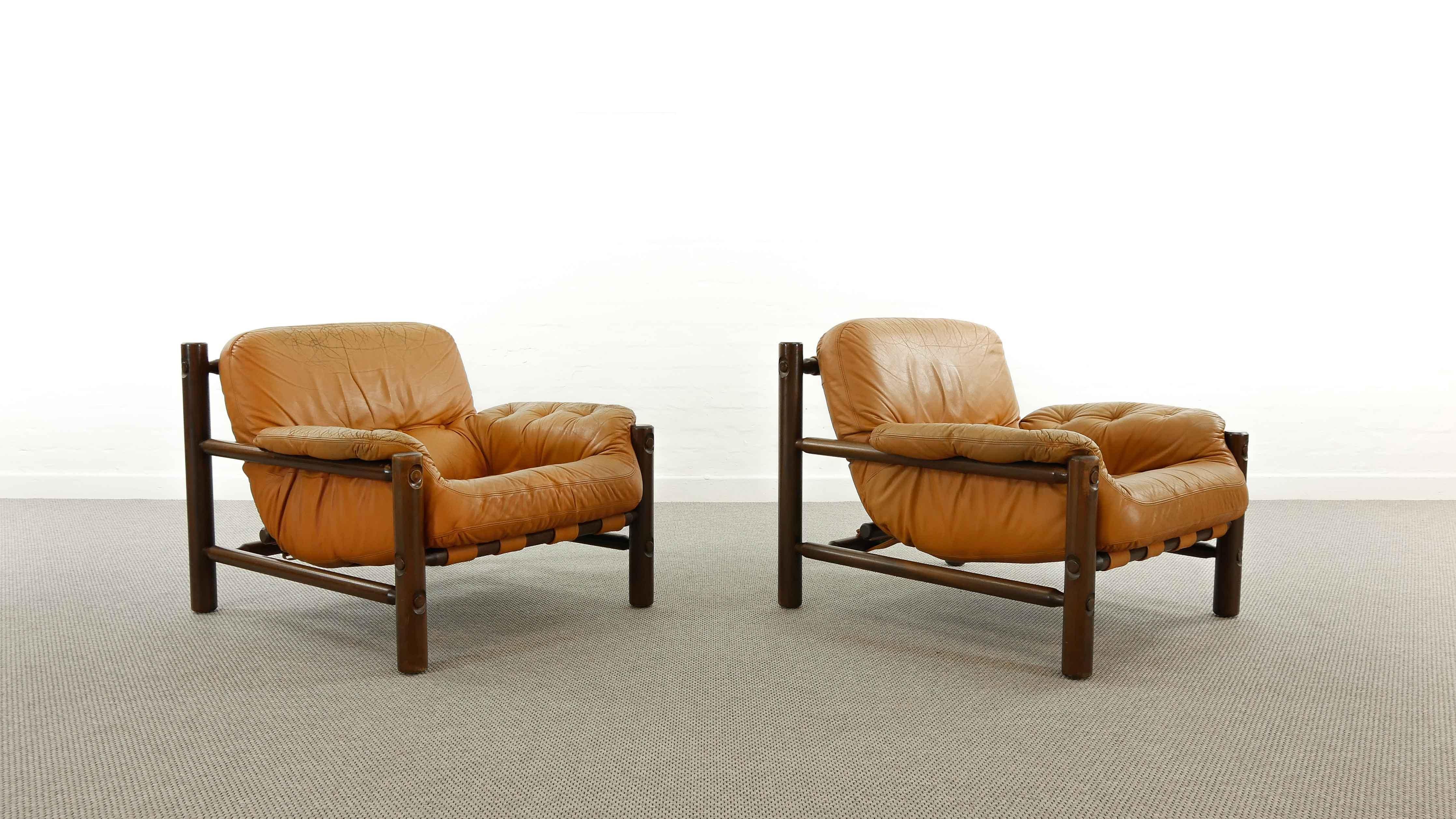 Pair of Brazilian Lounge Chairs in Cognac Leather, 1970s In Good Condition In Halle, DE