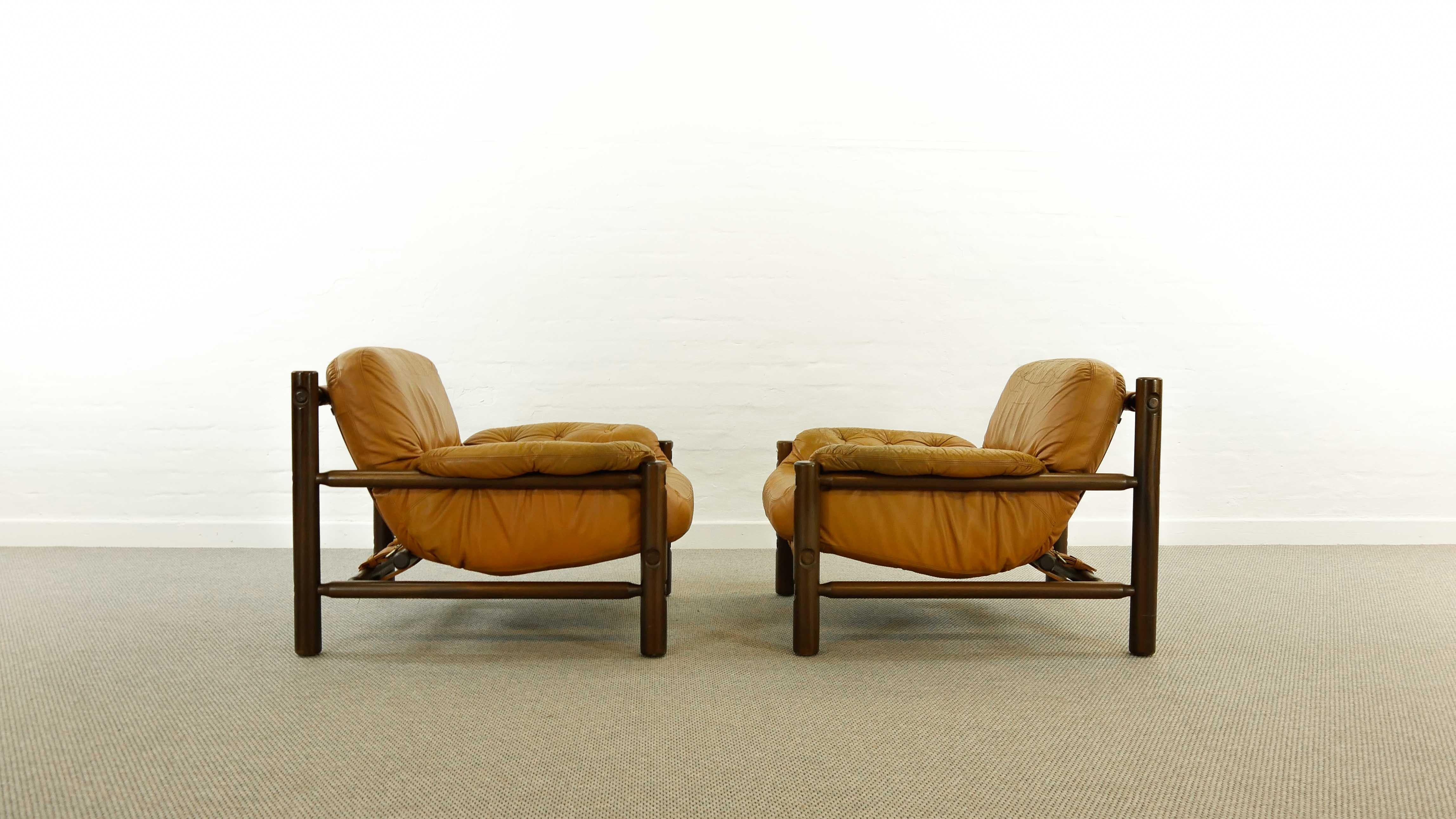 Pair of Brazilian Lounge Chairs in Cognac Leather, 1970s 1