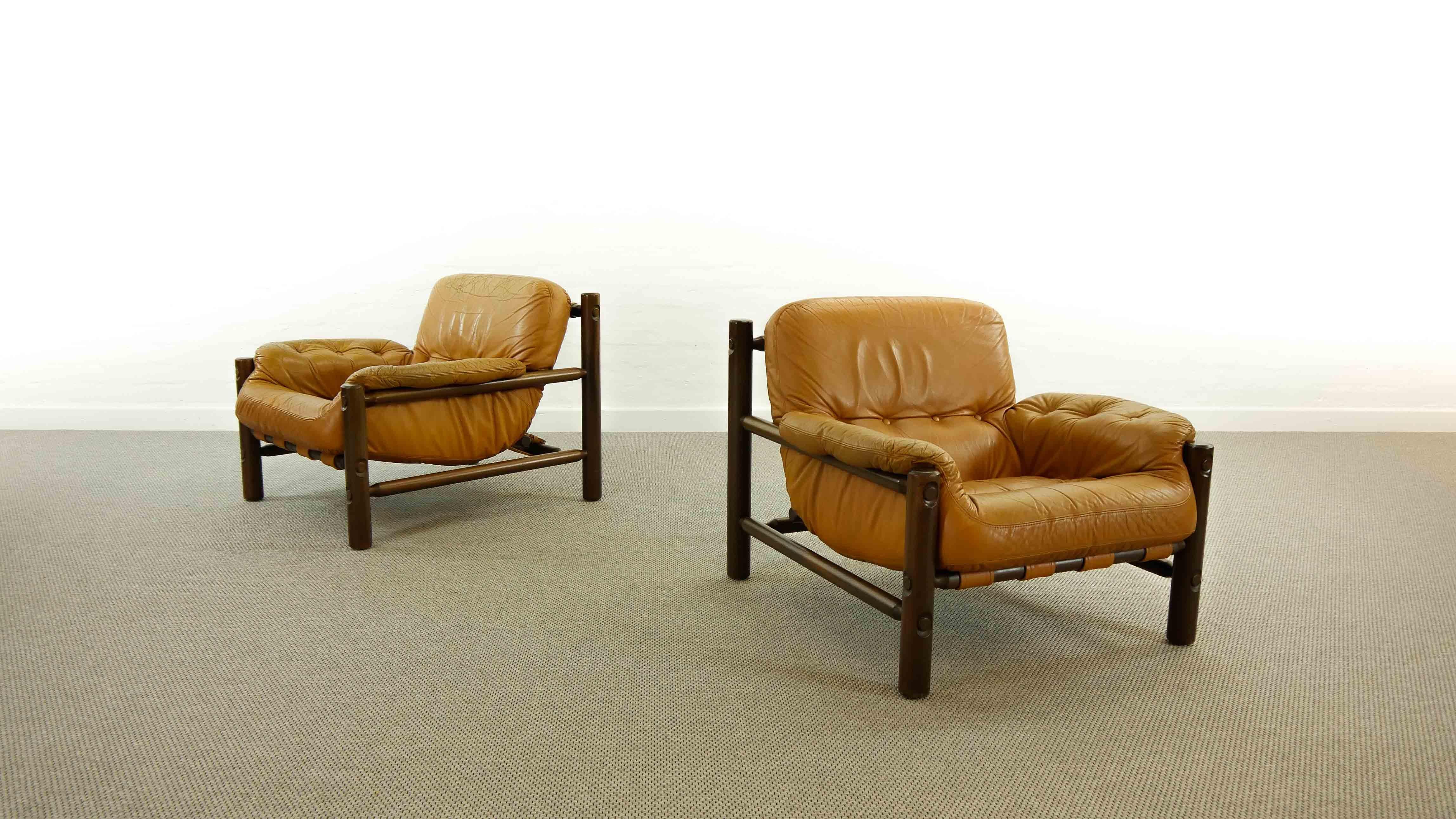 Pair of Brazilian Lounge Chairs in Cognac Leather, 1970s 2