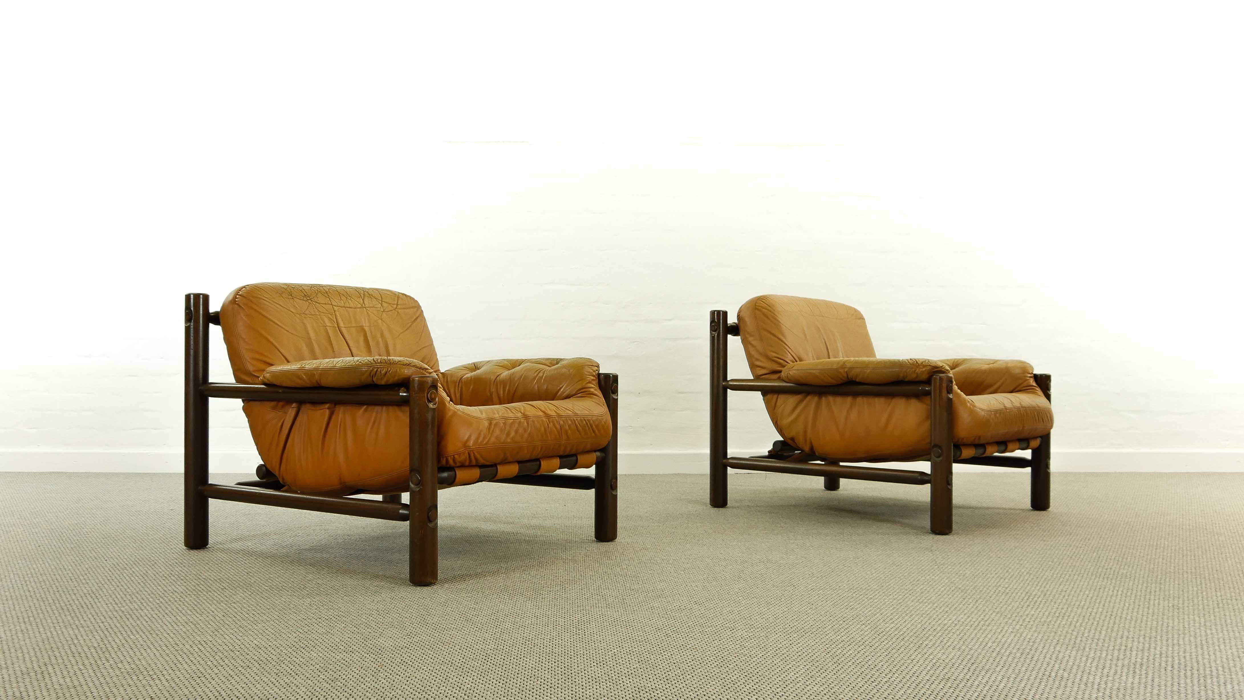 Pair of Brazilian Lounge Chairs in Cognac Leather, 1970s 3