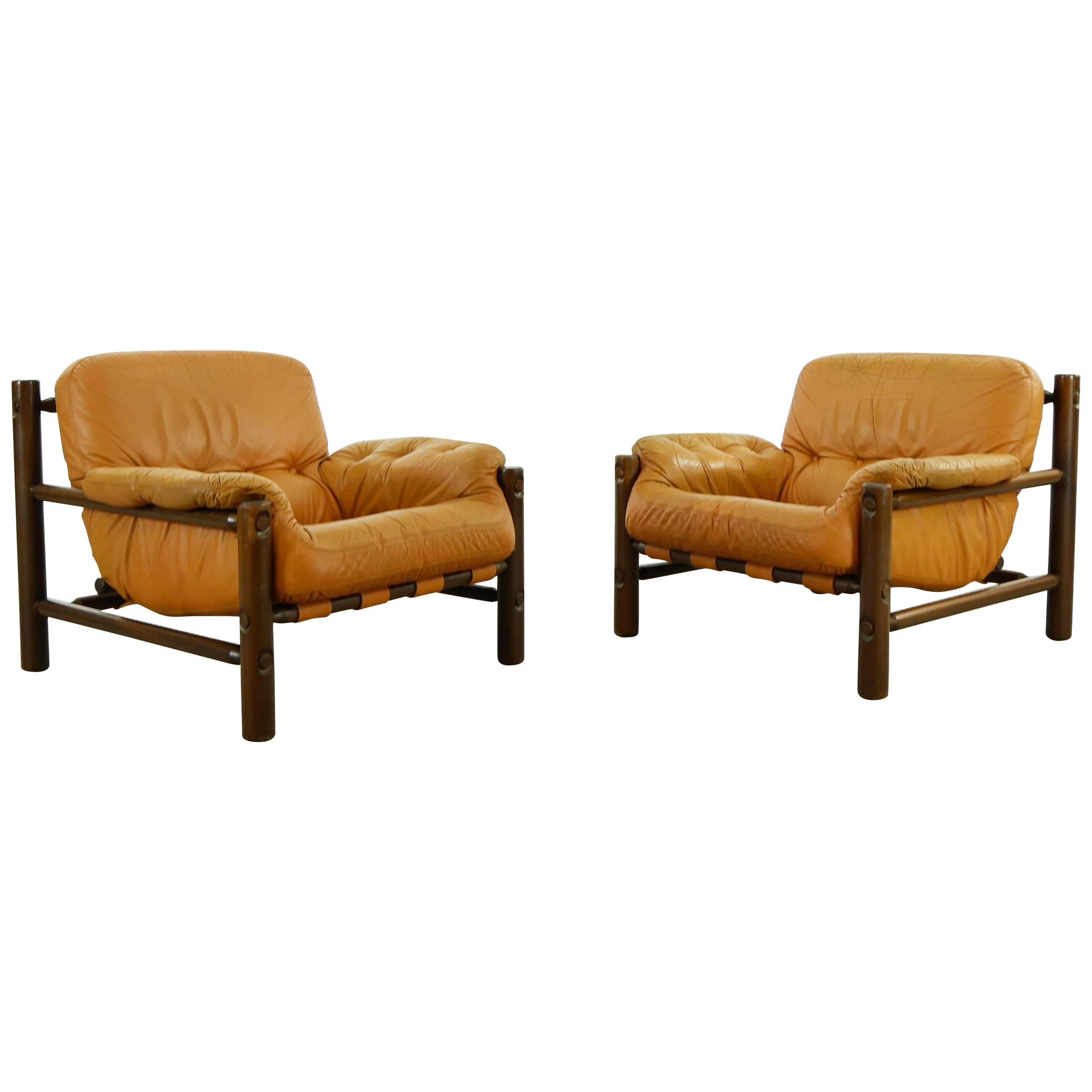 Pair of Brazilian Lounge Chairs in Cognac Leather, 1970s