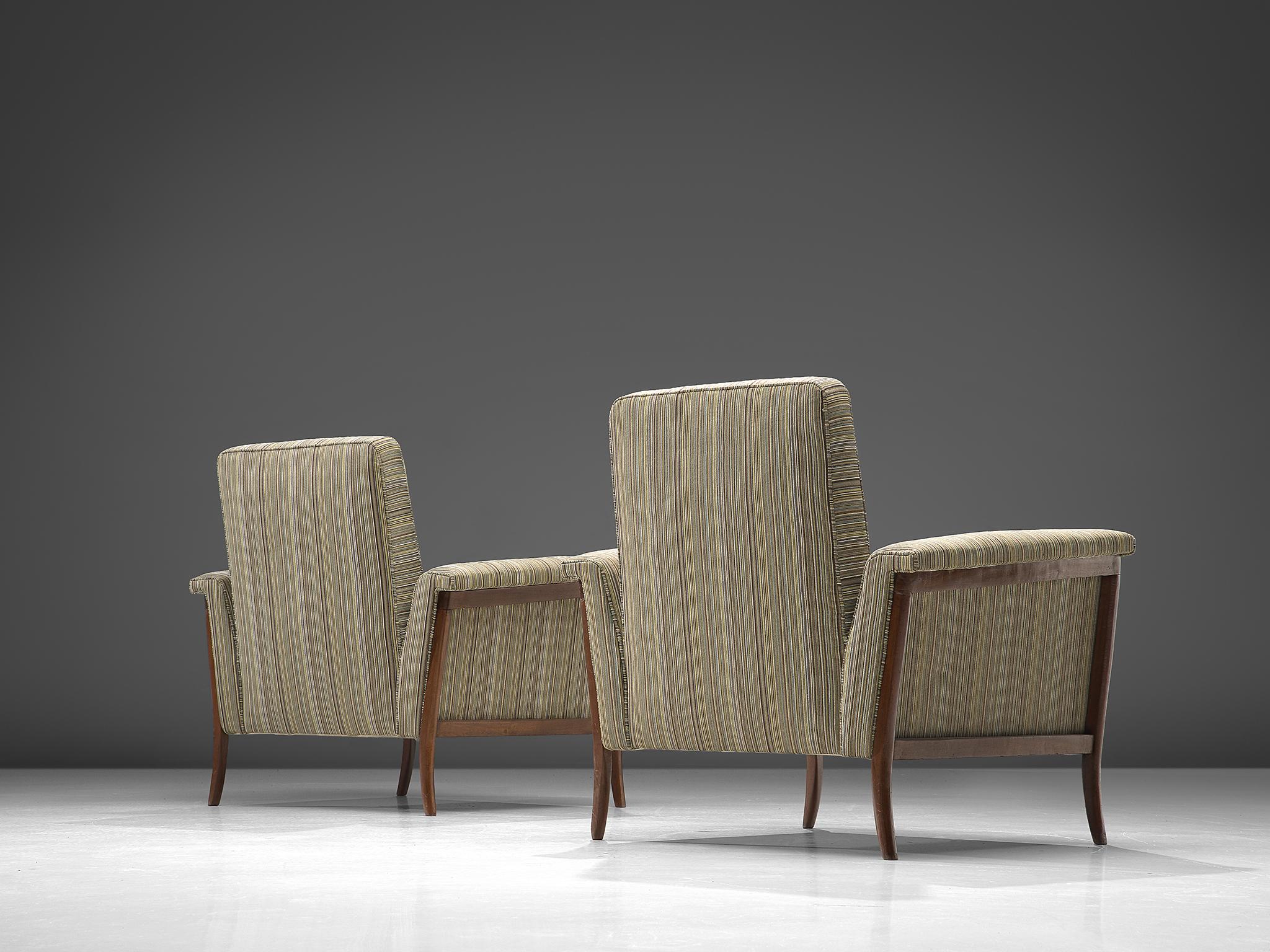 Mid-20th Century Brazilian Pair of Lounge Chairs in Mahogany and Striped Upholstery For Sale