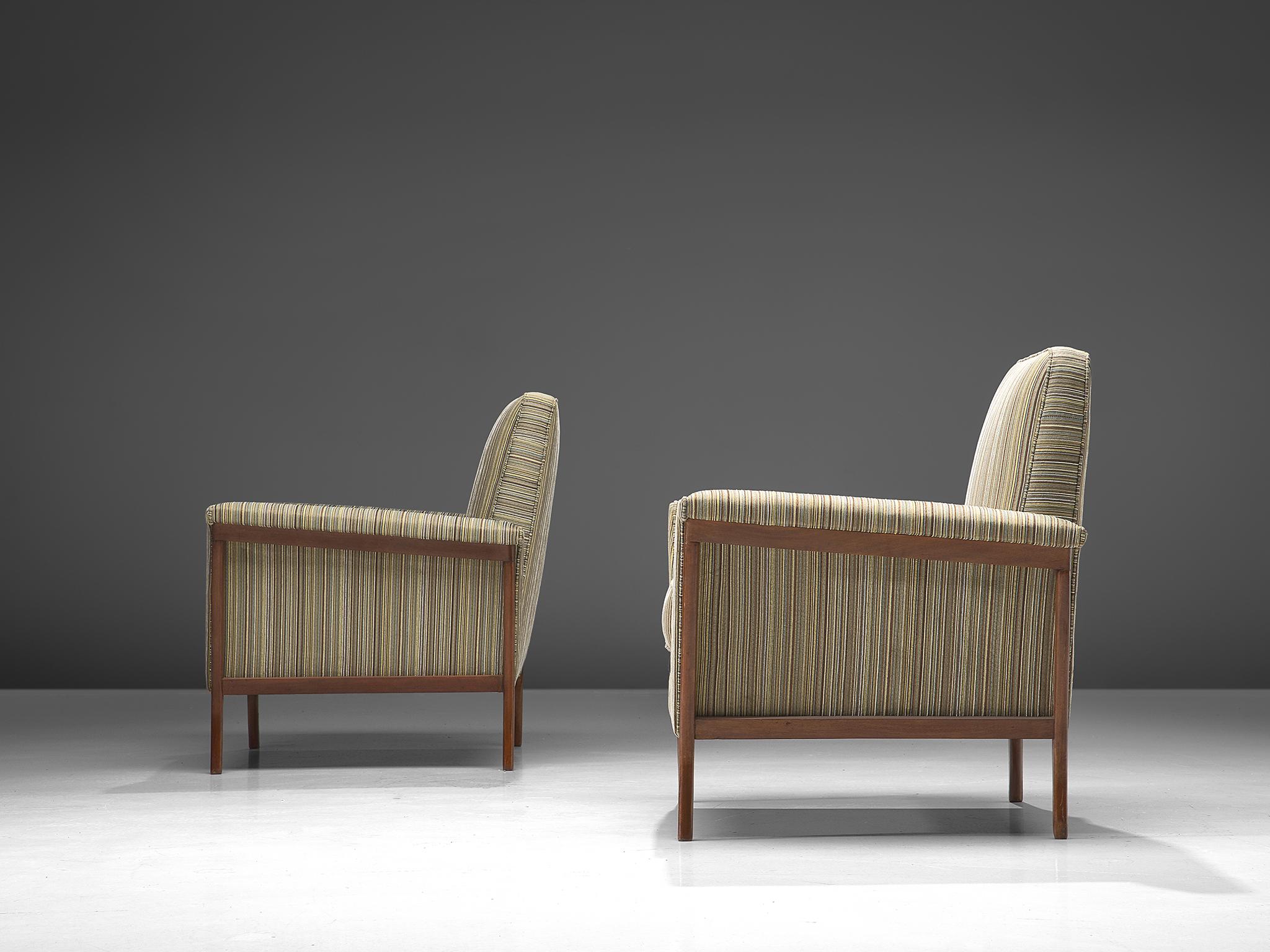 Fabric Brazilian Pair of Lounge Chairs in Mahogany and Striped Upholstery For Sale