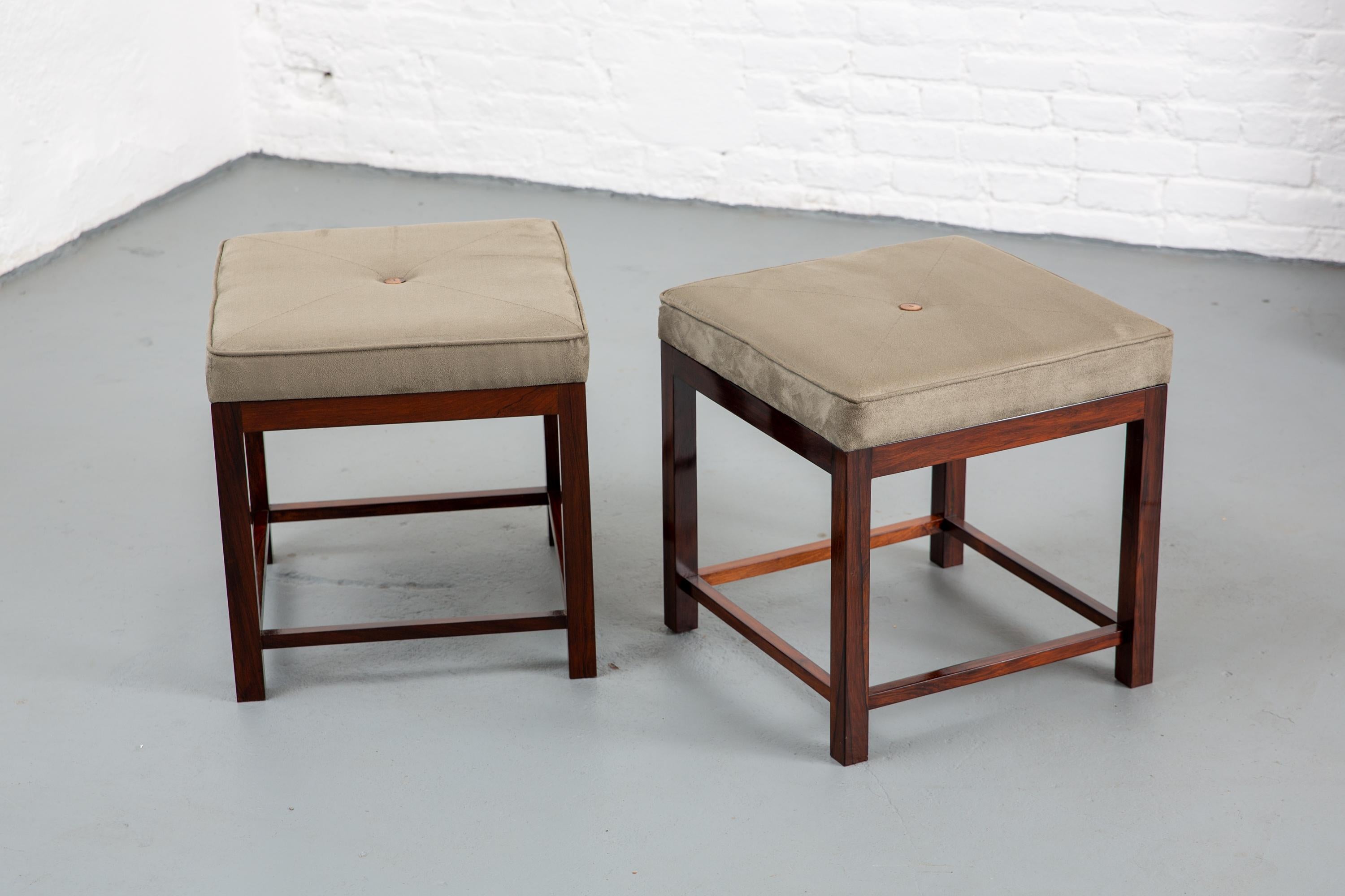Structural pair of Brazilian Jacaranda Mid-Century Modern stool. Button tufted with wooden button and diamond sewn velvet and single welting. Great original condition.