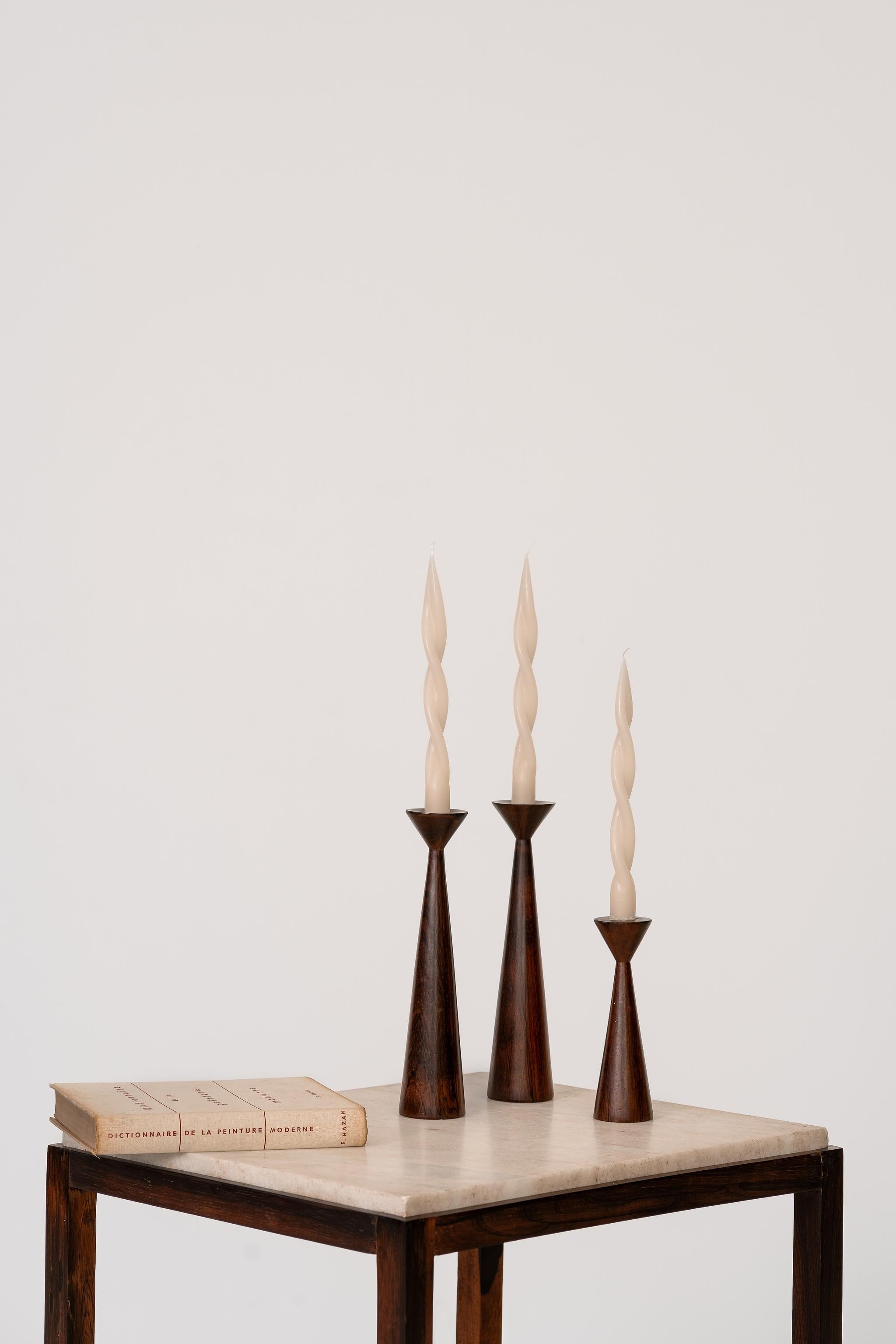 Mid-Century Modern Pair of Brazilian Mid-Century Rosewood Candlestick 25cm For Sale