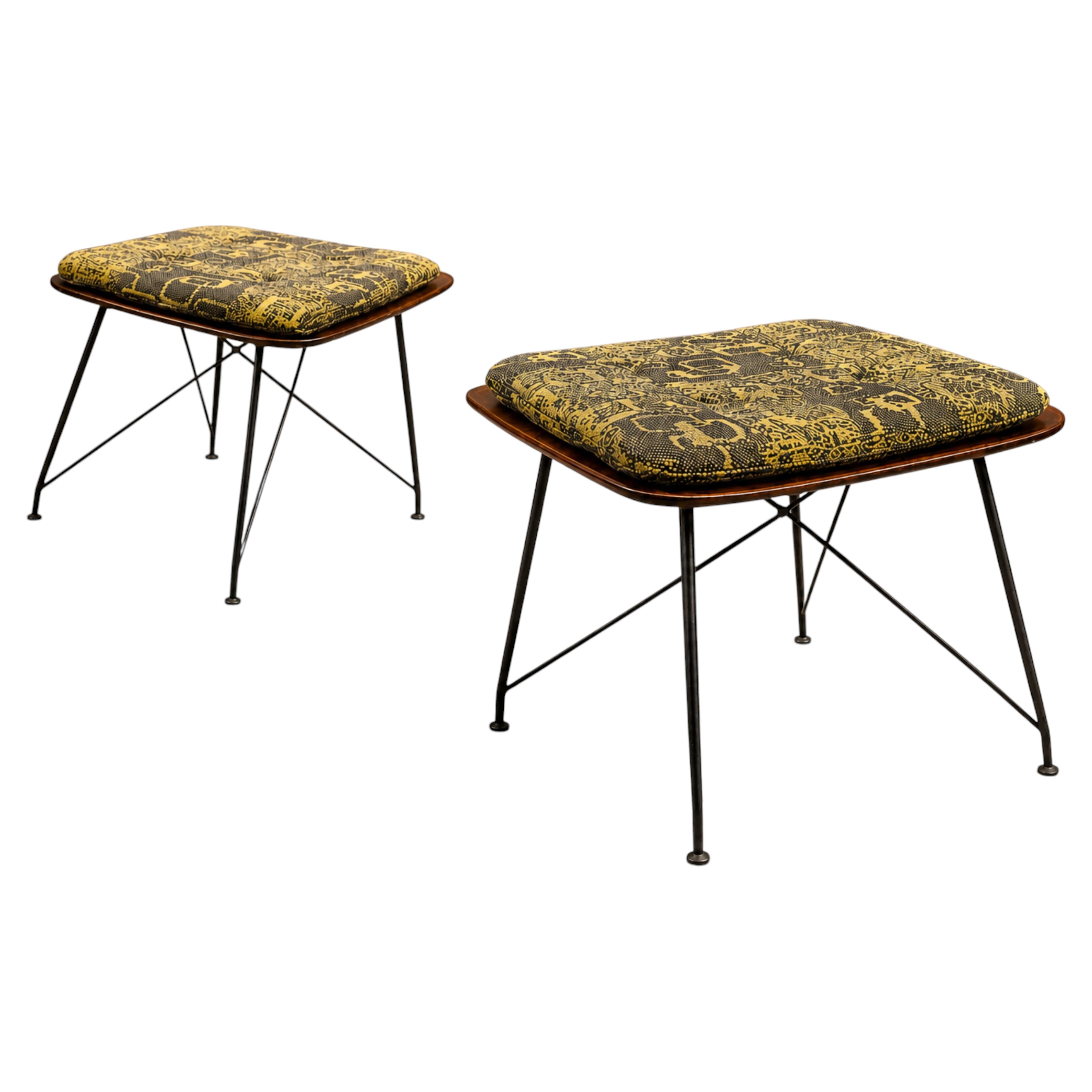 Pair of Brazilian Modern Stools in Rosewood & Metal, att. to Carlo Hauner