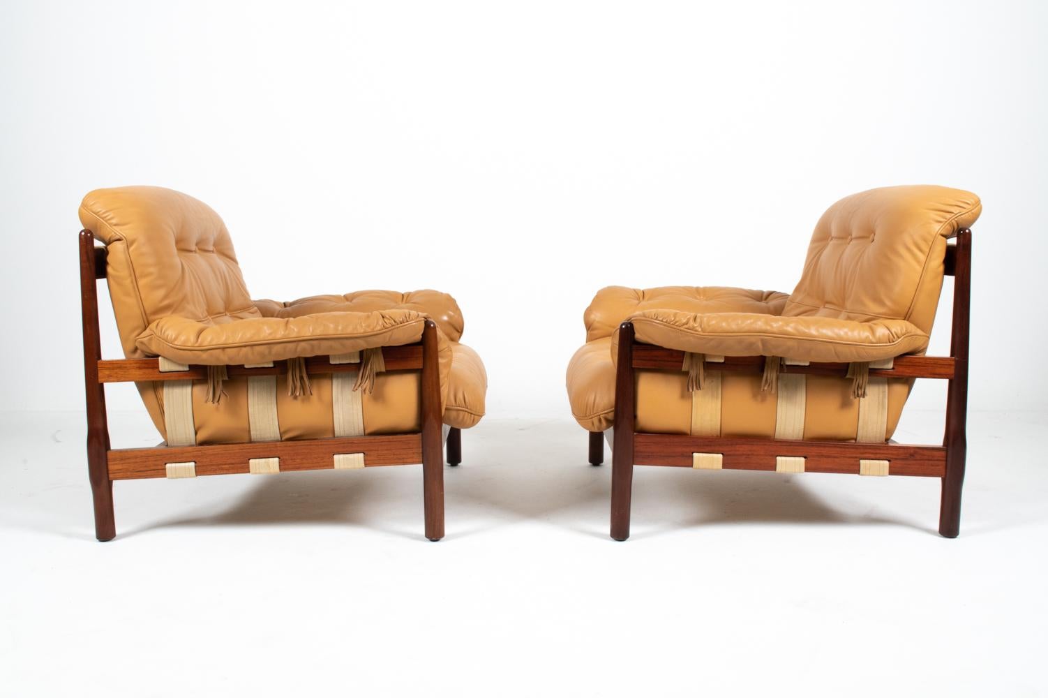 Pair of Brazilian Modernist Rosewood & Leather Easy Chairs, circa 1970s 5