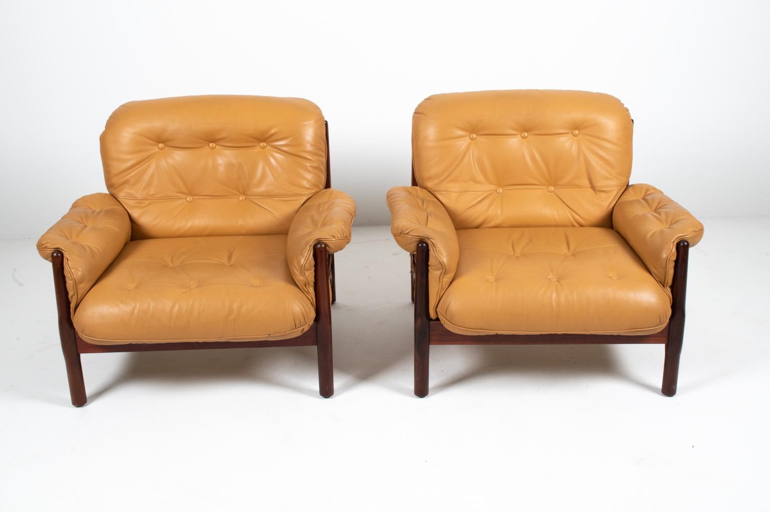 Mid-Century Modern Pair of Brazilian Modernist Rosewood & Leather Easy Chairs, circa 1970s