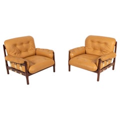 Pair of Brazilian Modernist Rosewood & Leather Easy Chairs, circa 1970s