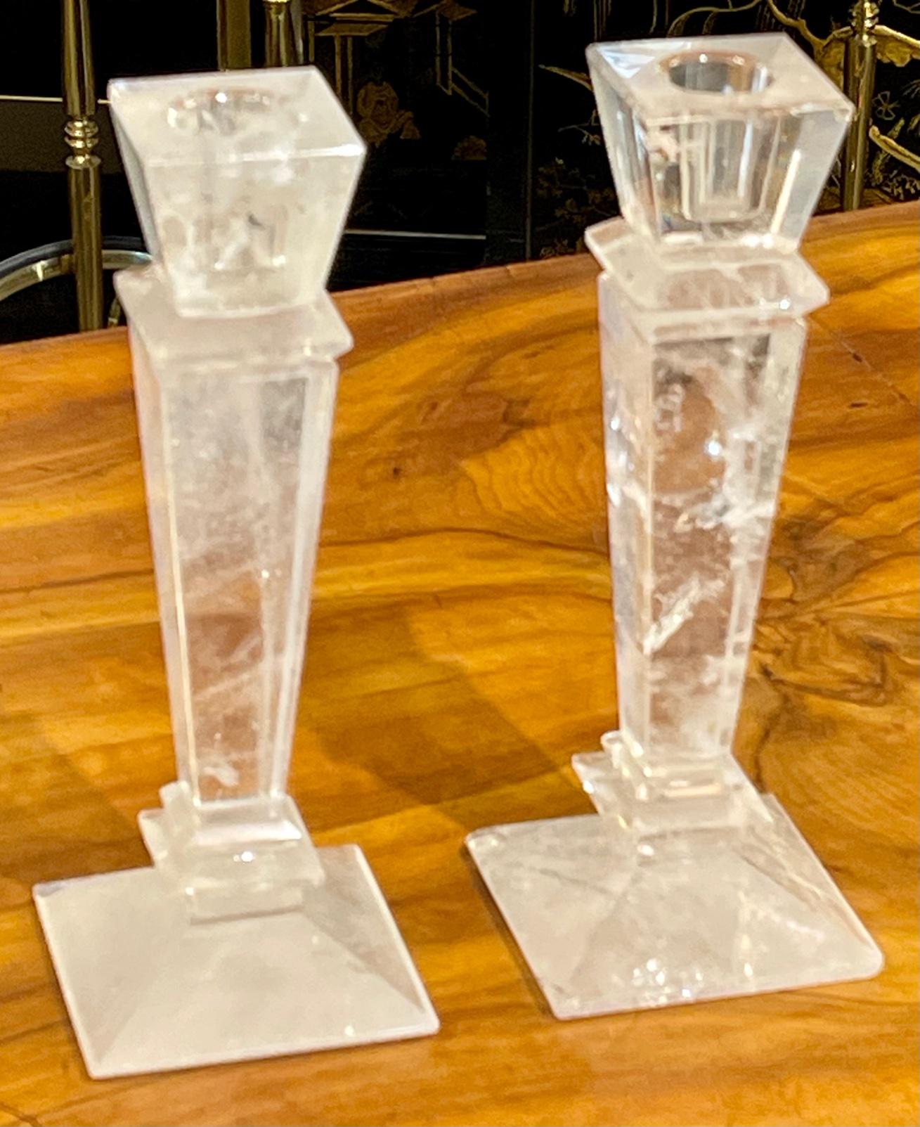 Pair of modern Brazilian polished rock crystal candlesticks. Circa 2000. A fine addition to any home!