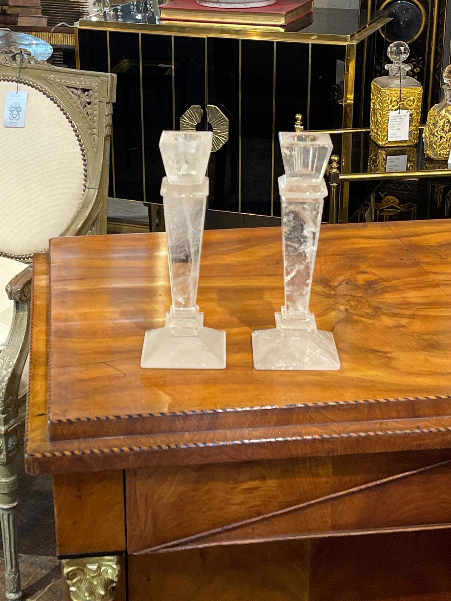 Pair of Brazilian Polished Rock Crystal Candlesticks In Good Condition In Dallas, TX