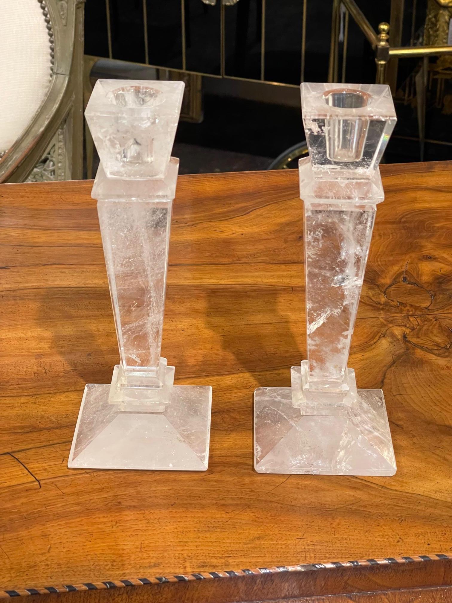 Contemporary Pair of Brazilian Polished Rock Crystal Candlesticks