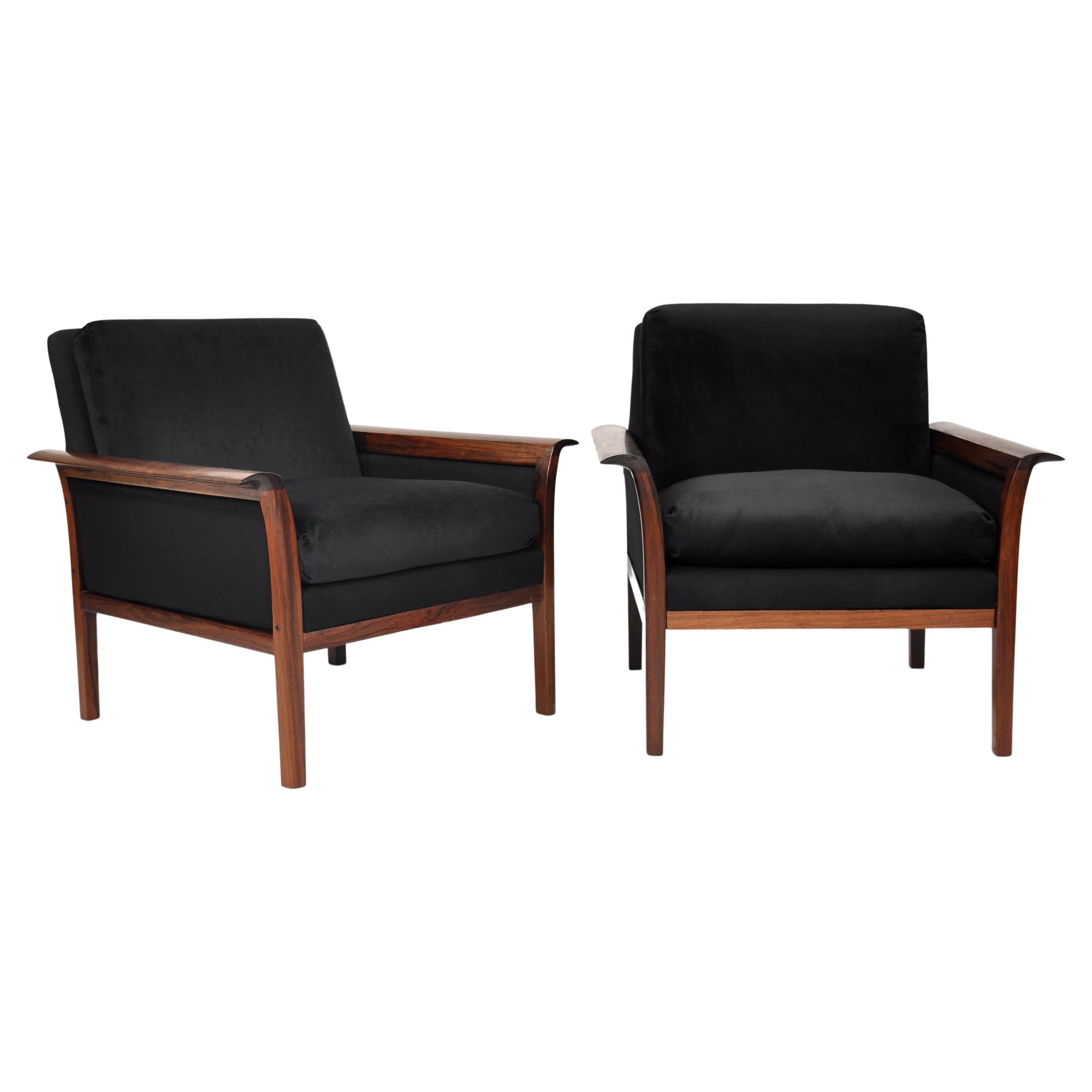 Pair of Brazilian Rosewood Black Armchairs by Fredrik Kayser for Vatne Mobler