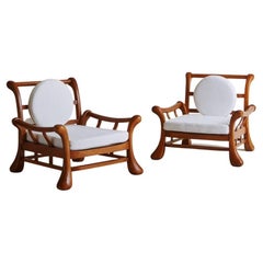 Pair of Brazilian Style Beechwood Lounge Chairs in Ivory Boucle, 1970s