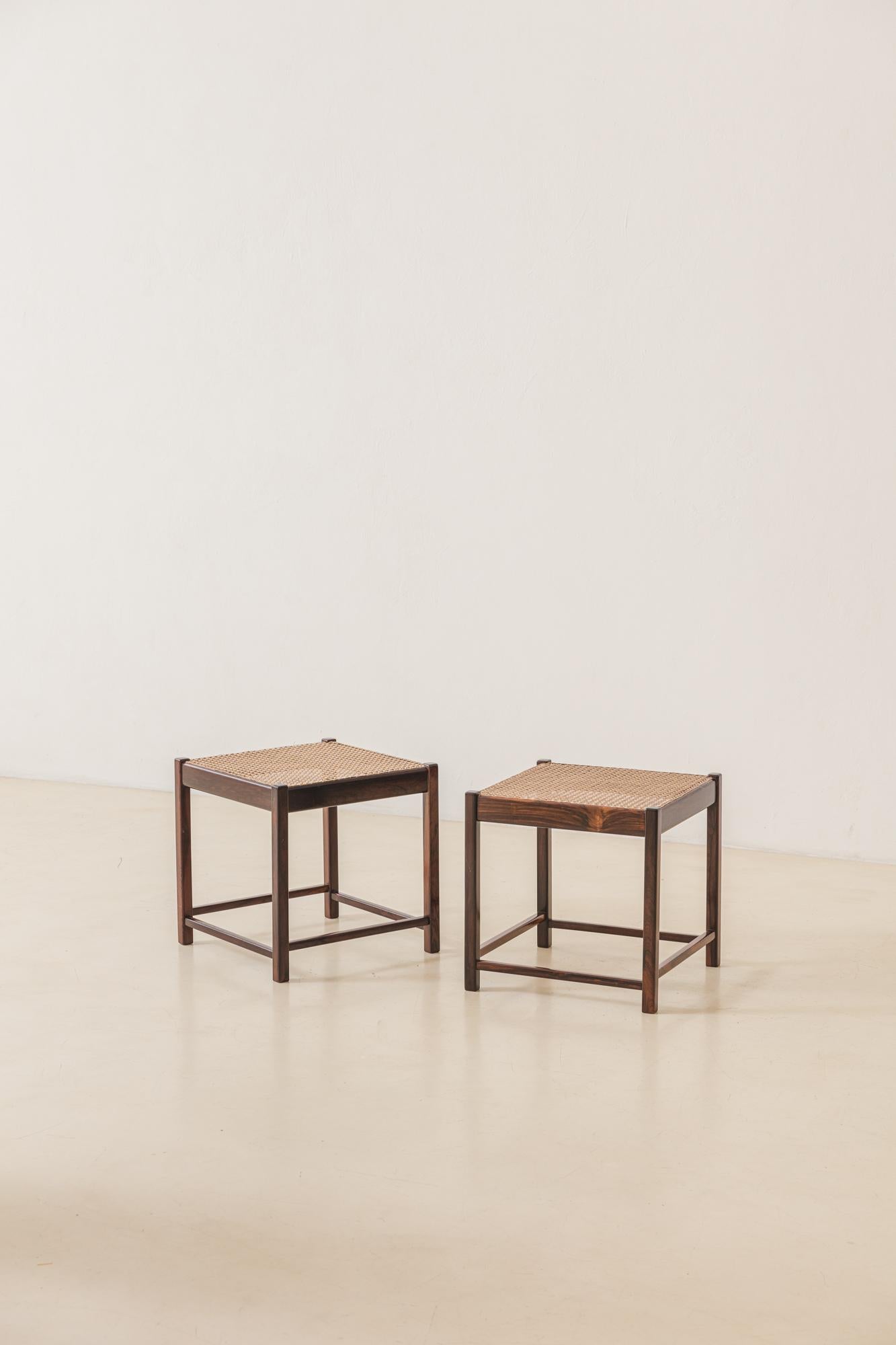 Pair of Brazilian Vintage Rosewood and Cane Stools, Unknown Designer, 1960s In Good Condition For Sale In New York, NY