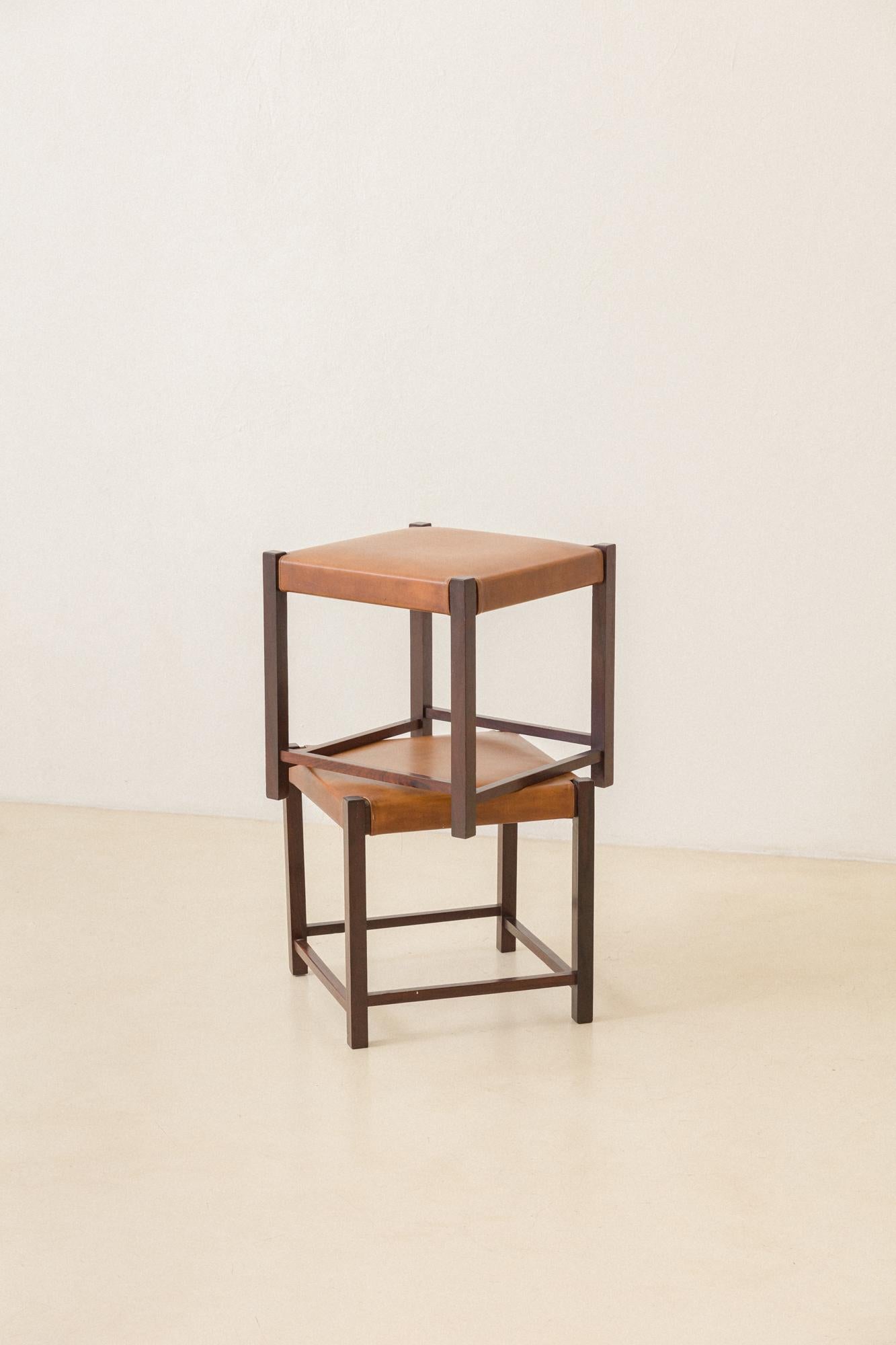 Pair of Brazilian Vintage Rosewood and Leather Stools, Unknown Designer, 1960s For Sale 2