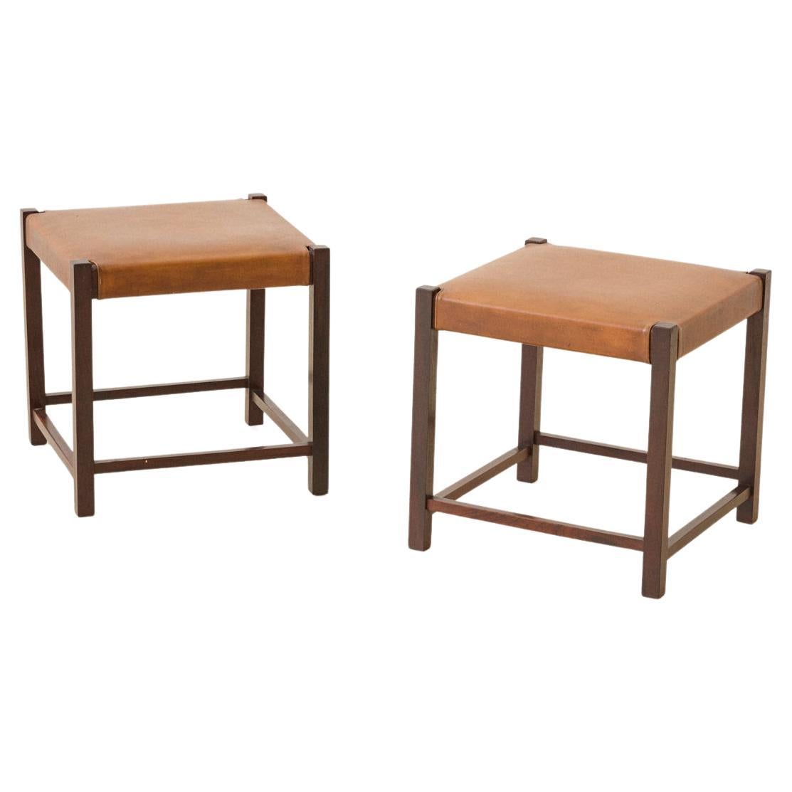 Pair of Brazilian Vintage Rosewood and Leather Stools, Unknown Designer, 1960s For Sale