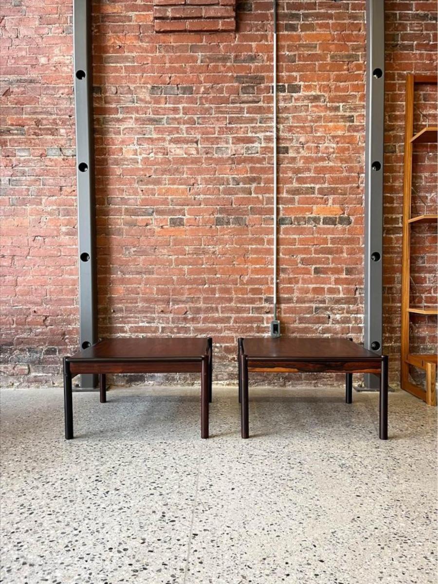 We are pleased to offer these exquisite Brazilian Rosewood side tables by Sven Ivar Dysthe for Dokka Møbler. Crafted with precision, these tables epitomize the epitome of mid-century Scandinavian design. Featuring the distinctive grain patterns of