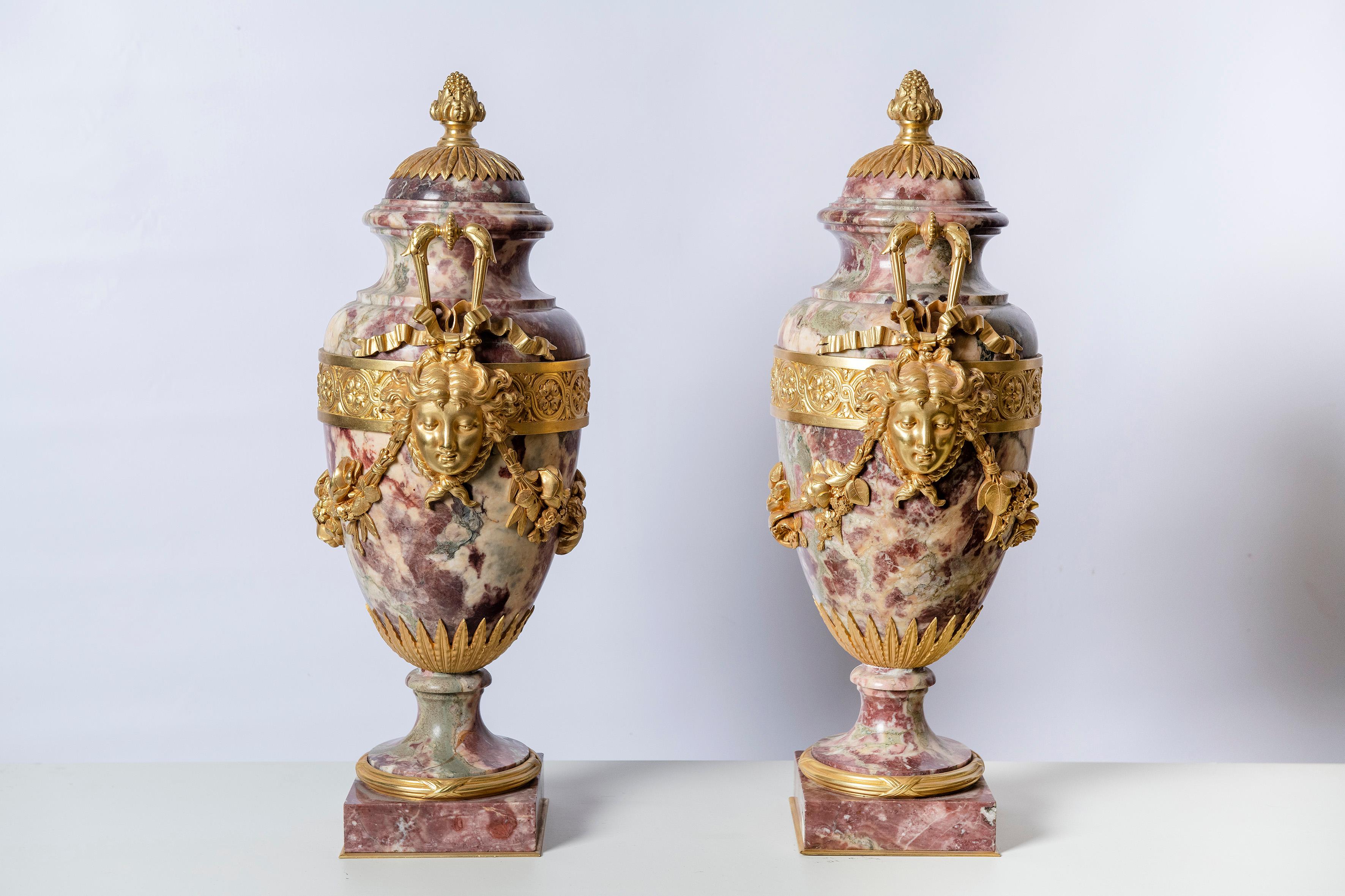 French Pair of Breccia Marble and Gilt Bronze Cassolettes, France, Mid-19th Century For Sale