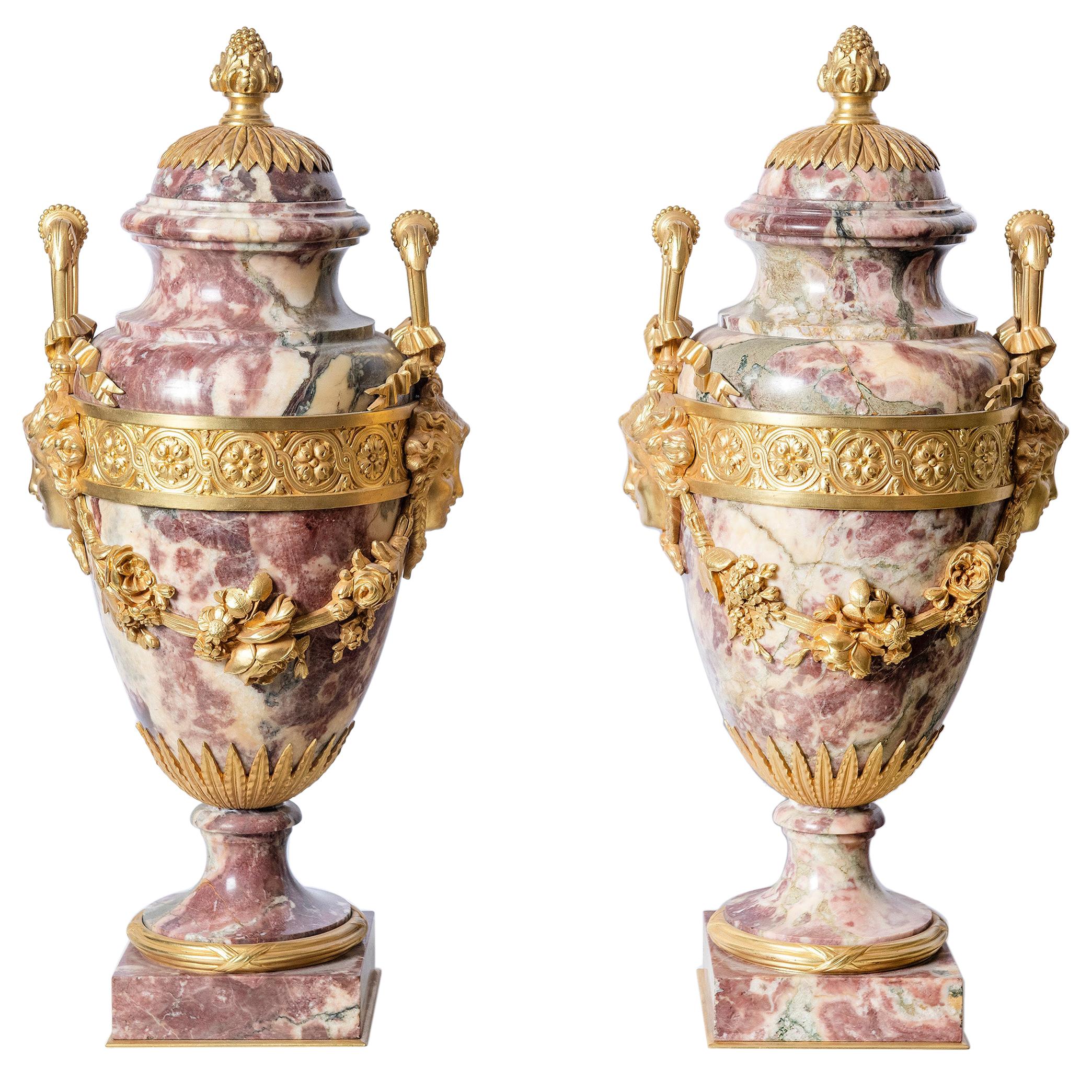 Pair of Breccia Marble and Gilt Bronze Cassolettes, France, Mid-19th Century