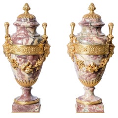 Pair of Breccia Marble and Gilt Bronze Cassolettes, France, Mid-19th Century