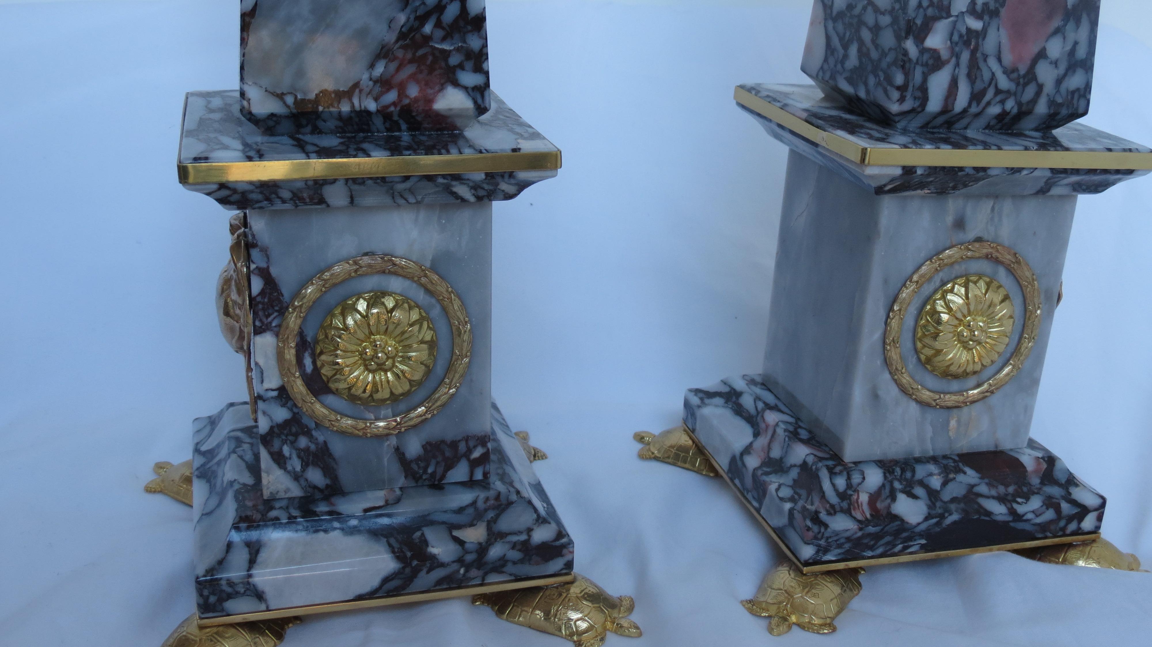 Pair of Breccia Medicea Marble and Bronze Obelisks, 