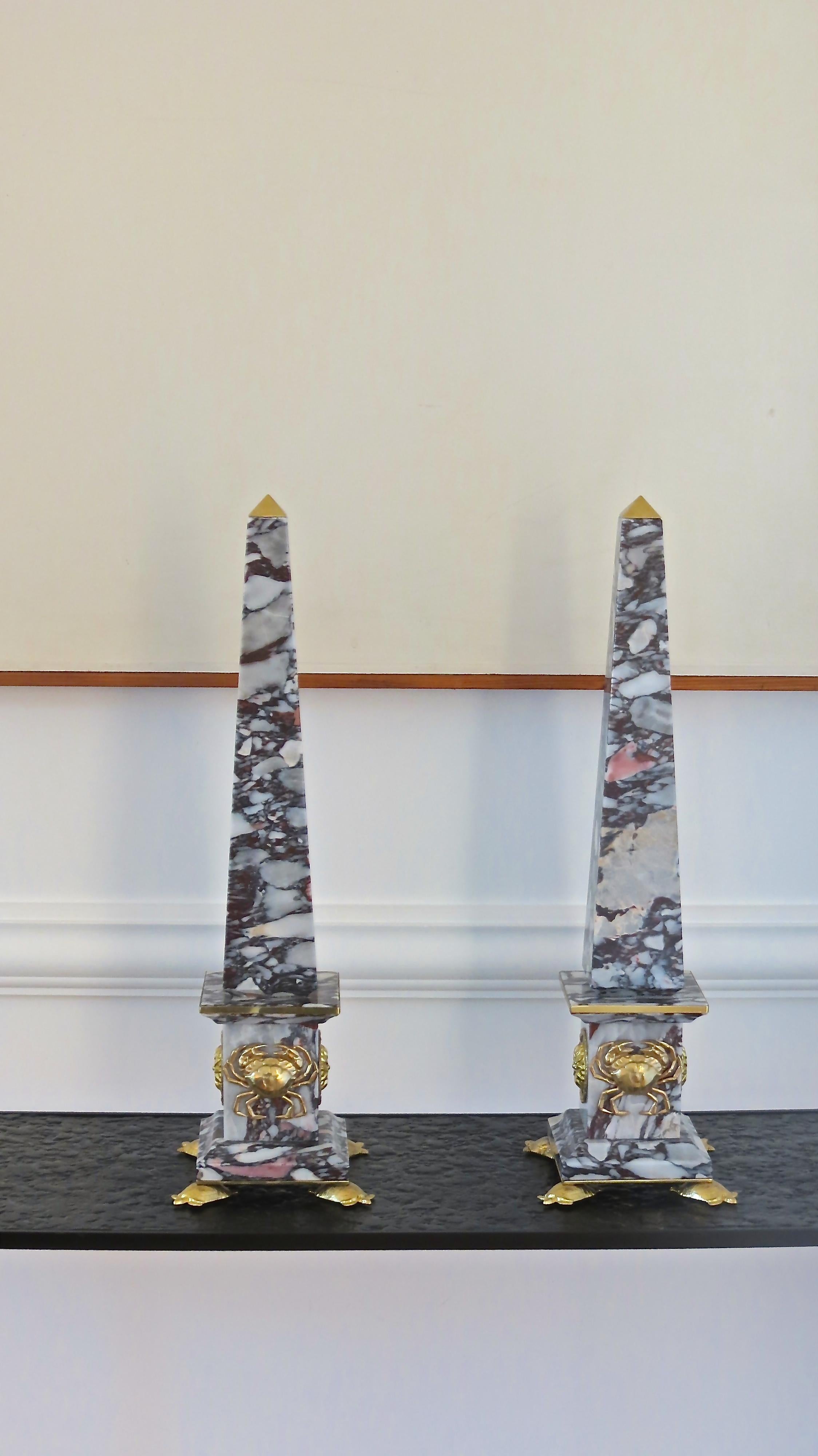 Pair of Breccia Medicea Marble and Bronze Obelisks, 