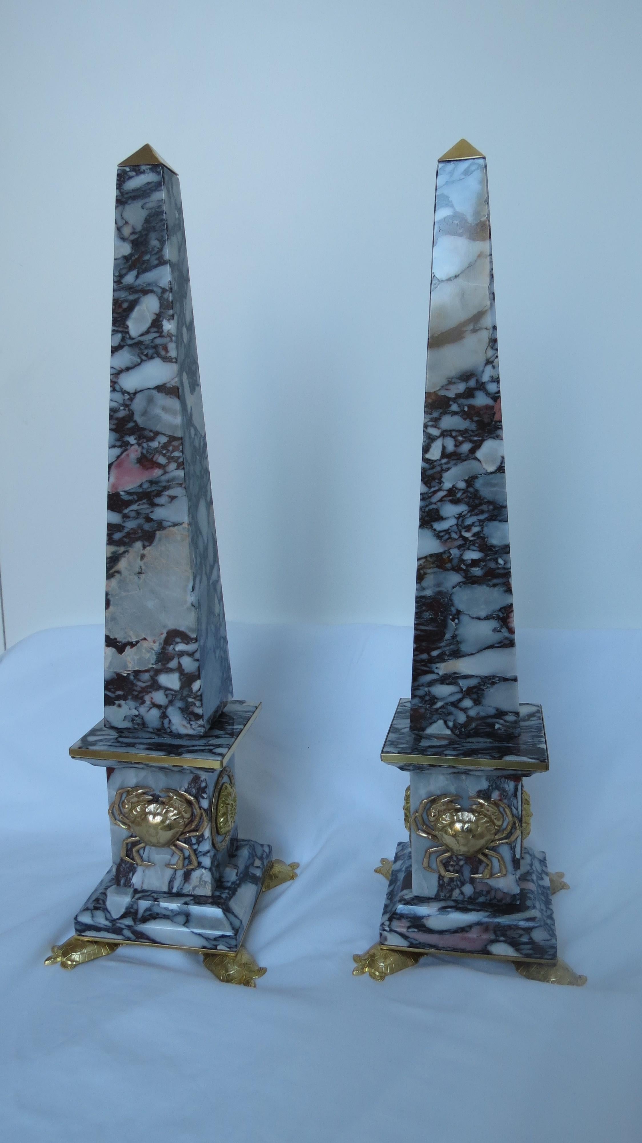 Grand Tour Pair of Breccia Medicea Marble and Bronze Obelisks, 