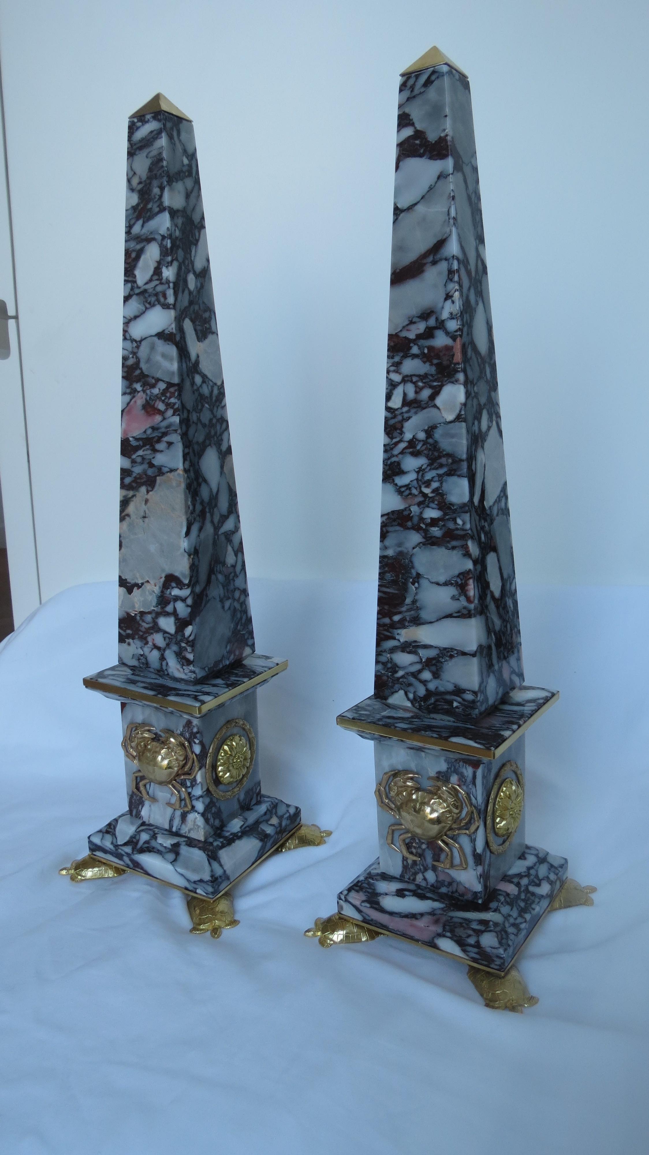 Italian Pair of Breccia Medicea Marble and Bronze Obelisks, 
