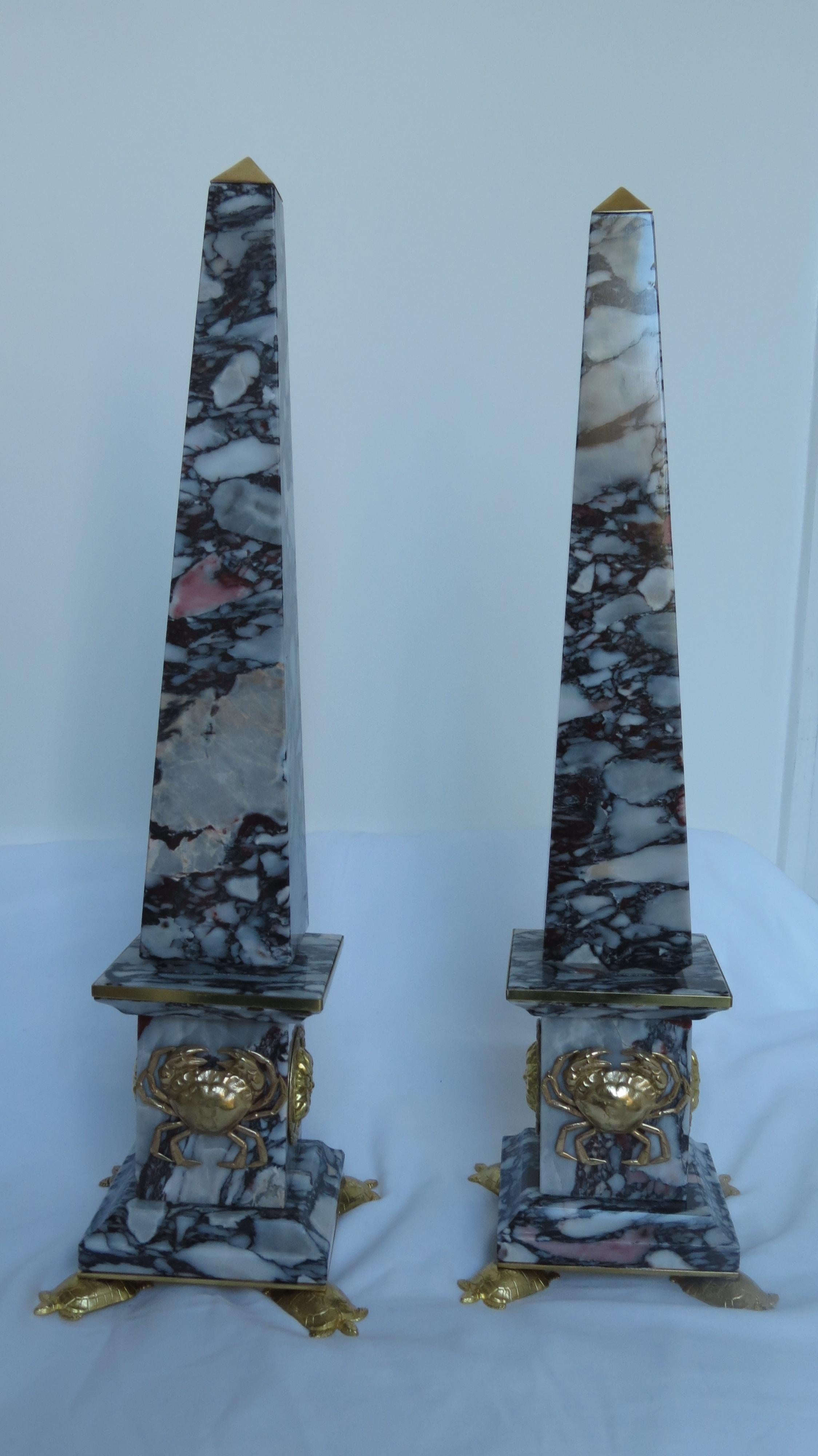 Pair of Breccia Medicea Marble and Bronze Obelisks, 