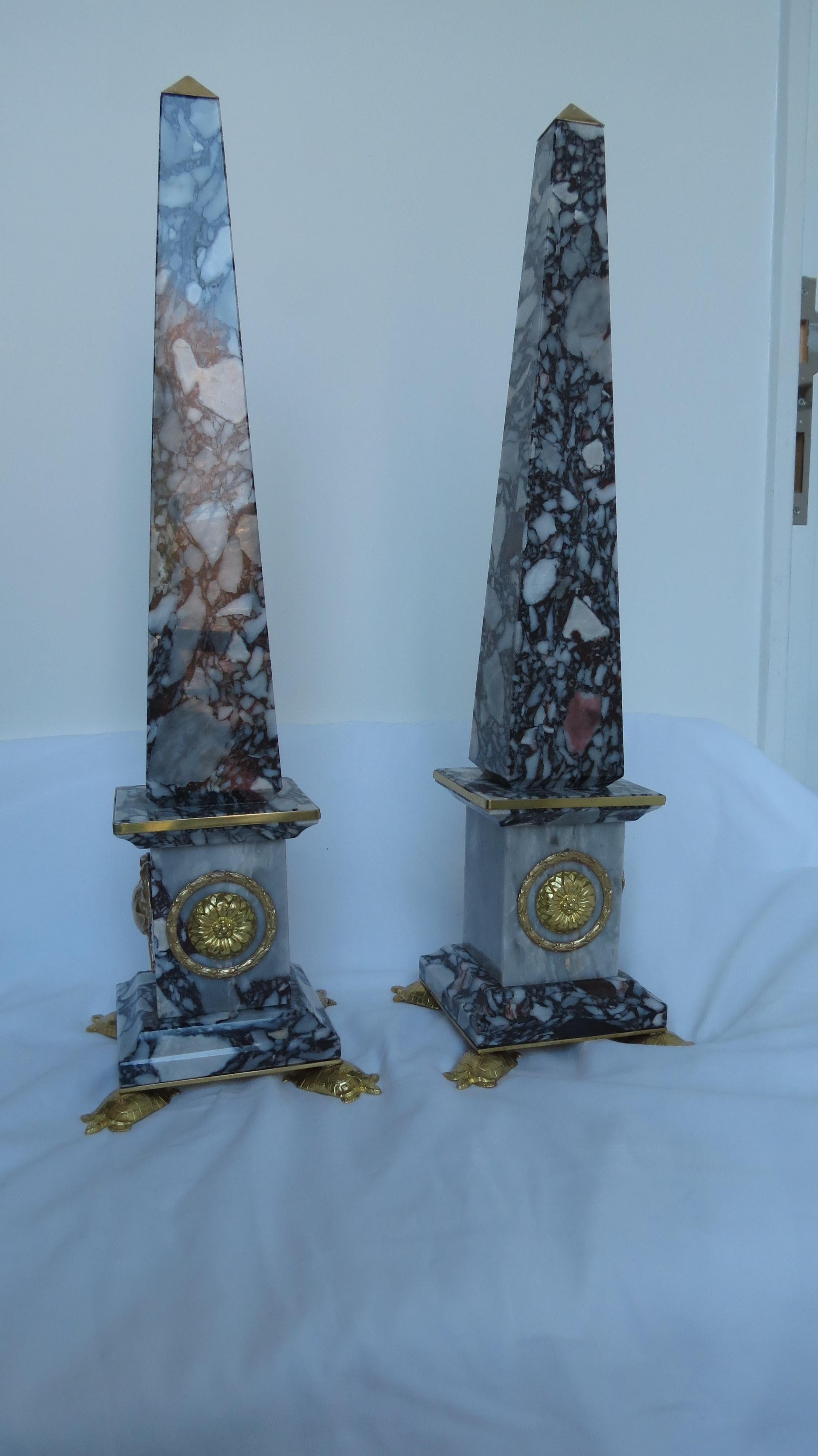 Pair of Breccia Medicea Marble and Bronze Obelisks, 