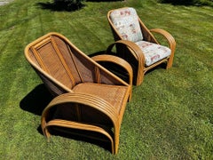 Pair of Bretzel bamboo and rattan armchairs in the style of Paul Frankl 1970