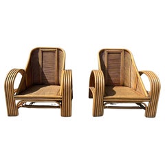 Pair of Bretzel bamboo and rattan armchairs in the style of Paul Frankl 1970