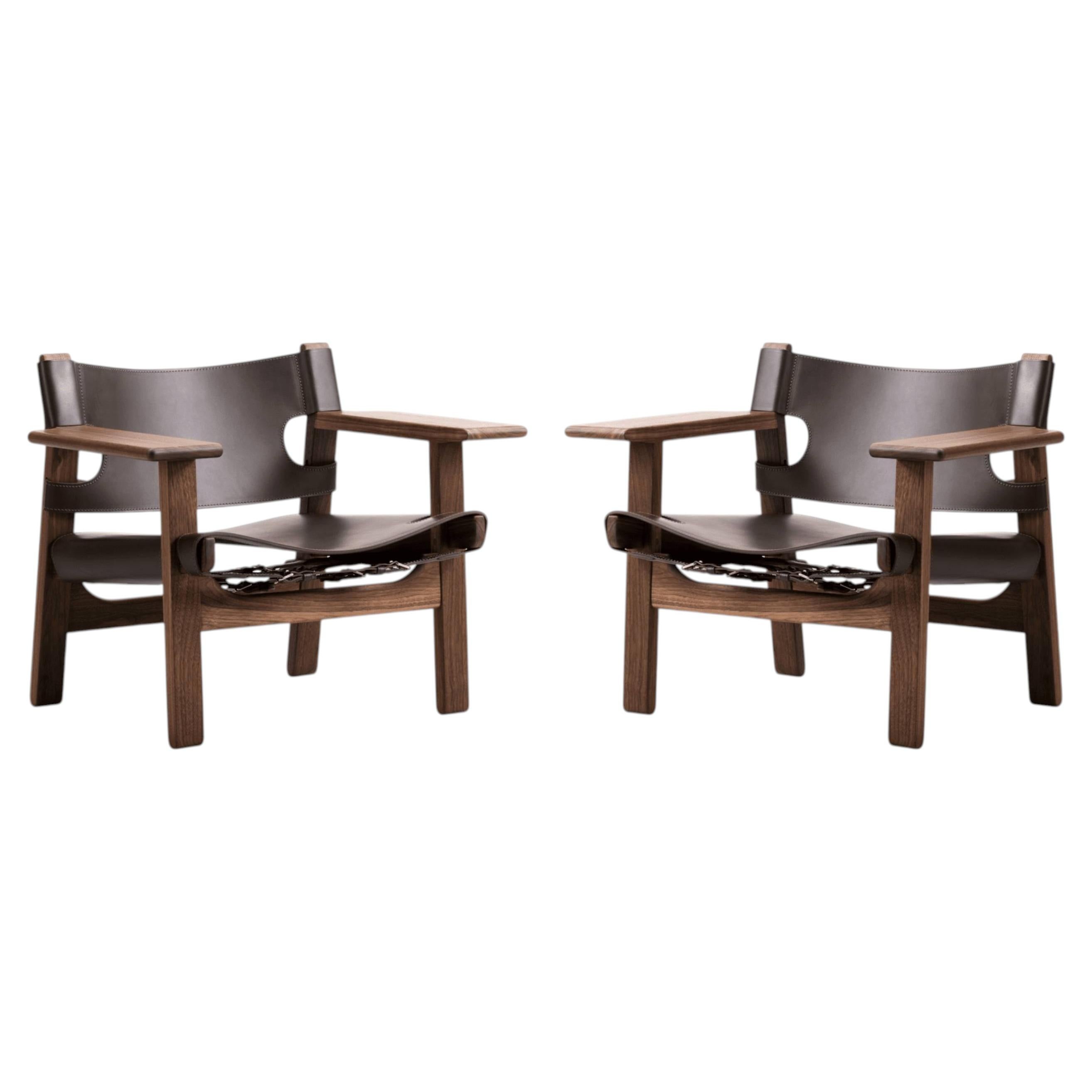 Pair of Børge Mogensen's, The Spanish Chair in Dark Brown Leather/Oiled Walnut