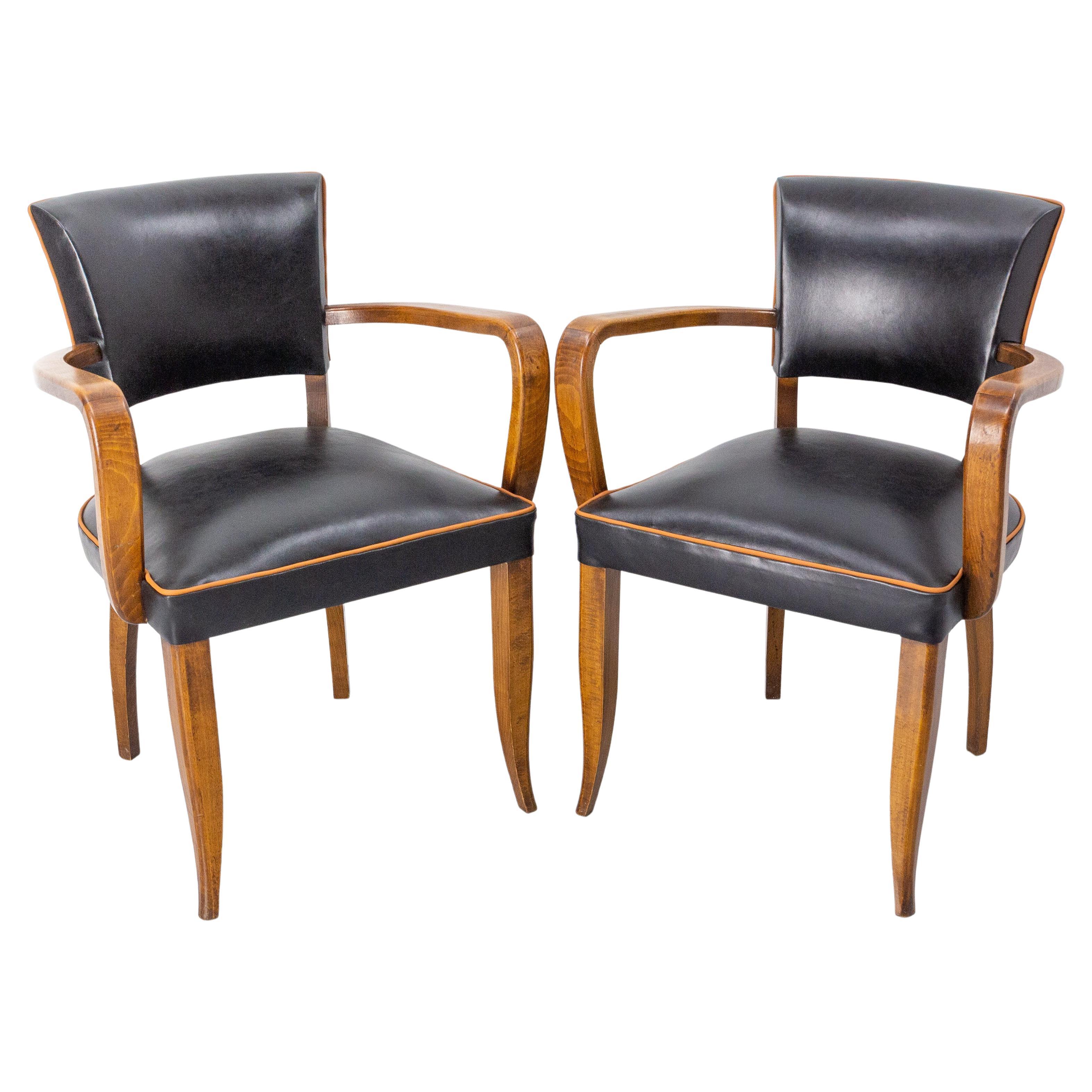 Pair of Bridge Chairs Black Leather French Art Deco, circa 1930